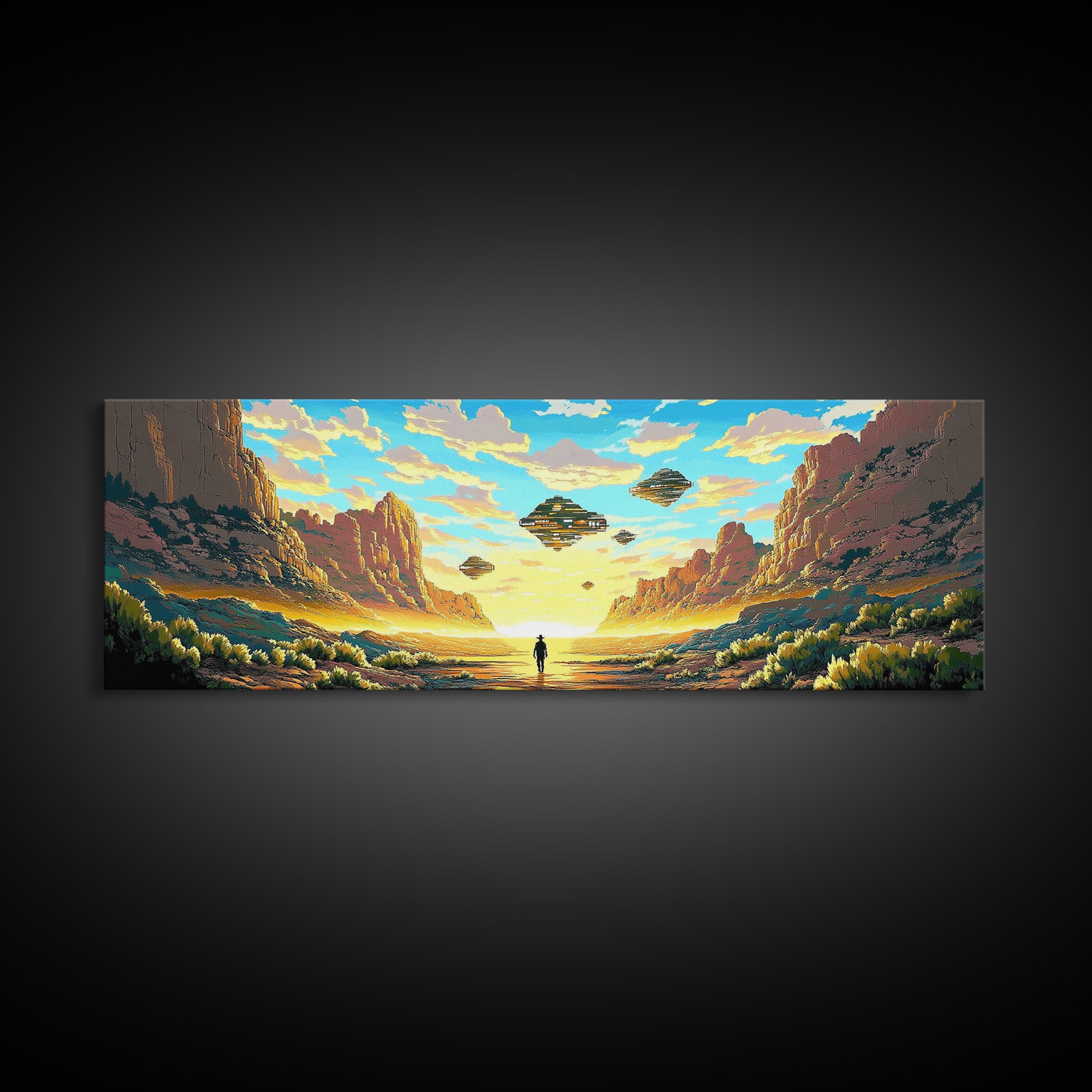 Alien Canyon Explorer With UFOs Canvas Print, Panoramic Sci Fi Desert Landscape Wall Art For Gaming Room Decor And Office Decor