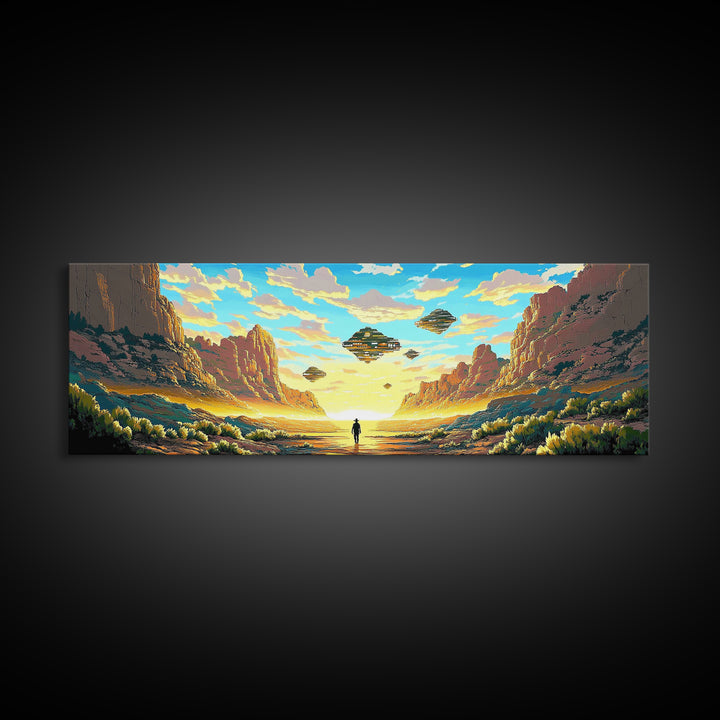 Alien Canyon Explorer With UFOs Canvas Print, Panoramic Sci Fi Desert Landscape Wall Art For Gaming Room Decor And Office Decor