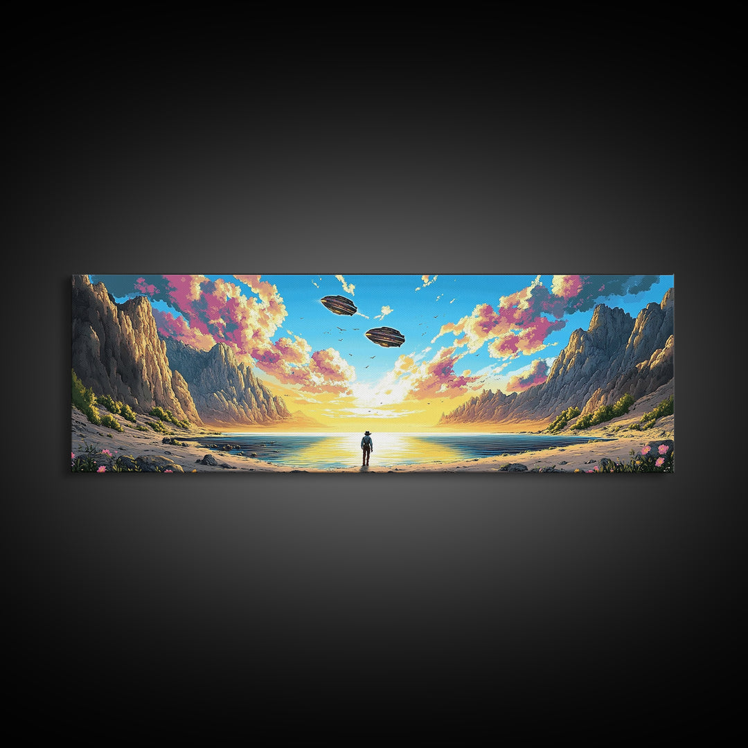 Pastel Alien Coast With UFOs Framed Canvas Print, Panoramic Sci Fi Ocean Landscape Wall Art For Beach House Decor And Living Room Decor