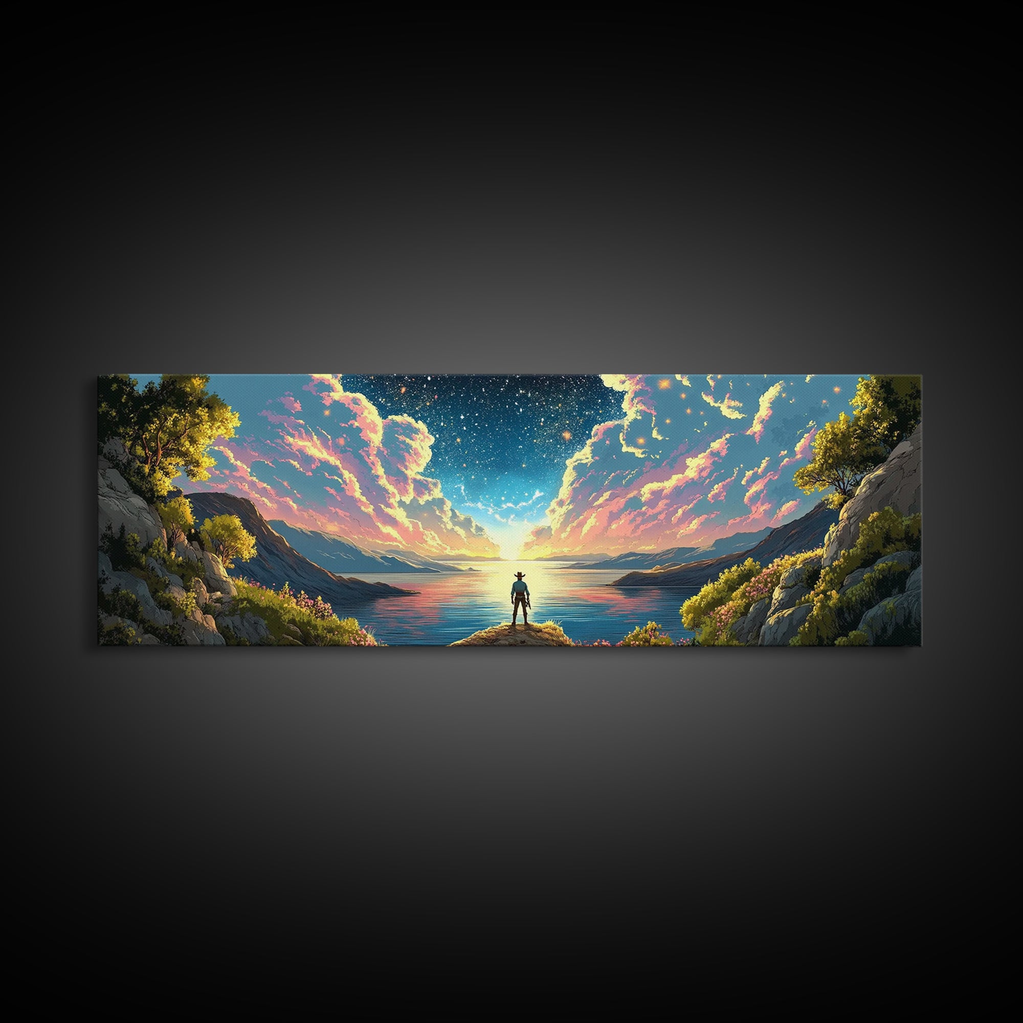 Starlit Lake Explorer Under Pink Clouds Canvas Print, Panoramic Celestial Landscape Wall Art For Dreamy Bedroom Decor And Office Decor