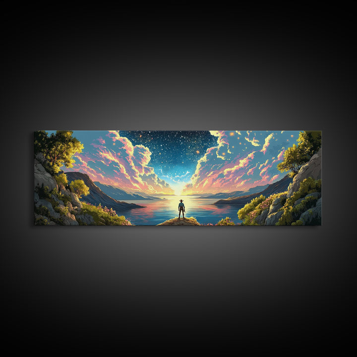 Starlit Lake Explorer Under Pink Clouds Canvas Print, Panoramic Celestial Landscape Wall Art For Dreamy Bedroom Decor And Office Decor