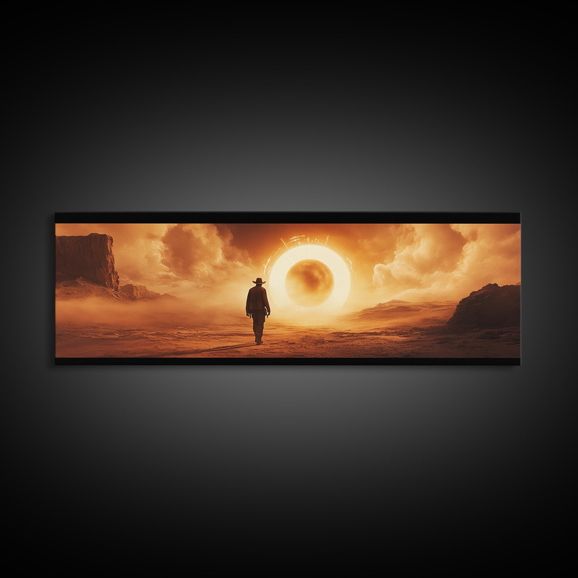 Surreal Desert Eclipse Cowboy Framed Canvas Print, Cinematic Western Landscape Wall Art For Man Cave Decor And Office Decor