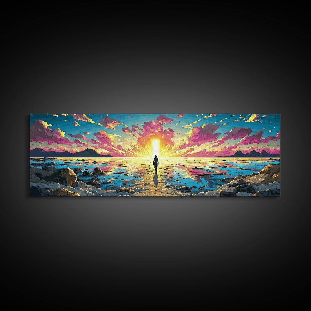 Vibrant Ocean Sunrise Explorer Canvas Print, Panoramic Sci Fi Seascape Wall Art For Coastal Bedroom Decor And Living Room