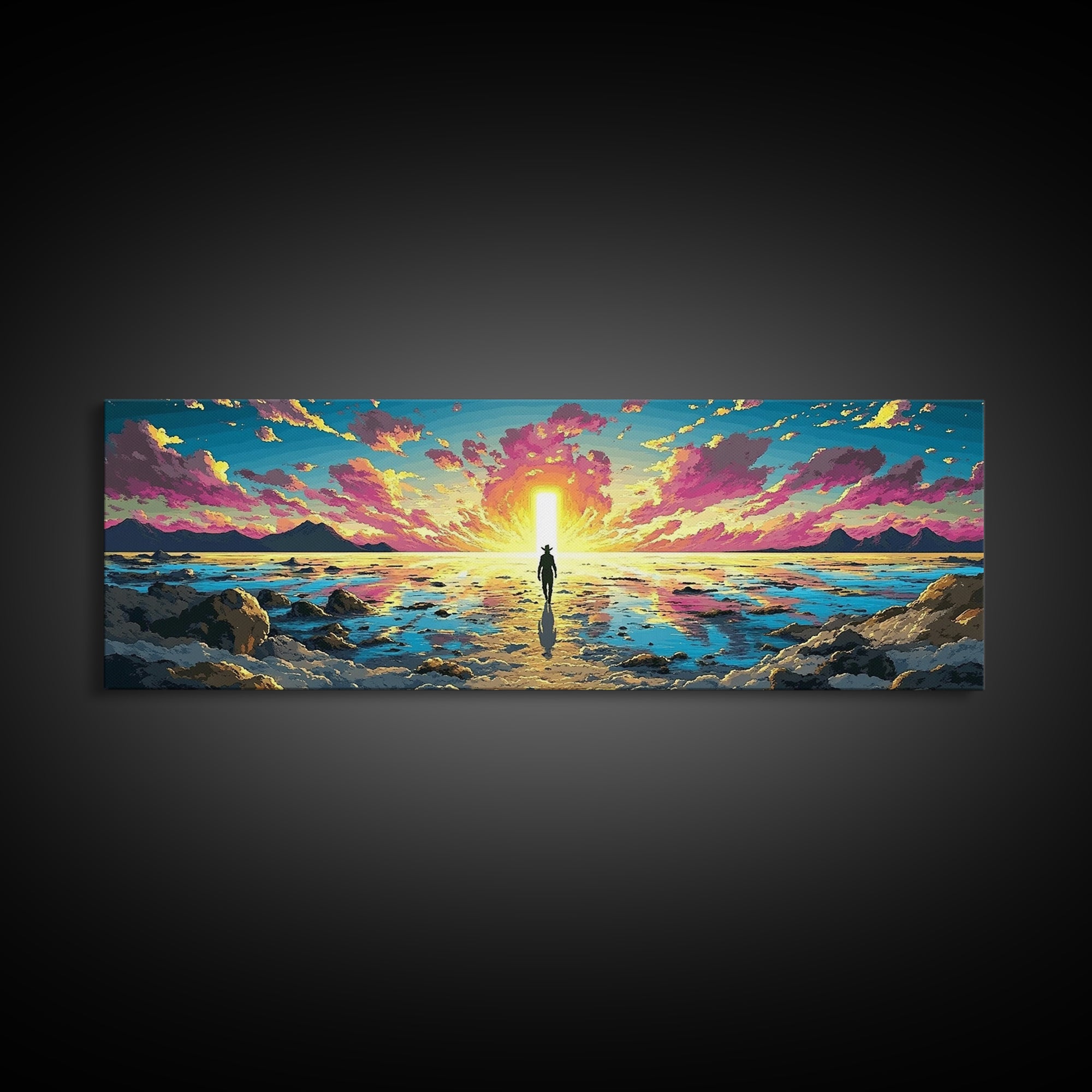 Vibrant Ocean Sunrise Explorer Canvas Print, Panoramic Sci Fi Seascape Wall Art For Coastal Bedroom Decor And Living Room