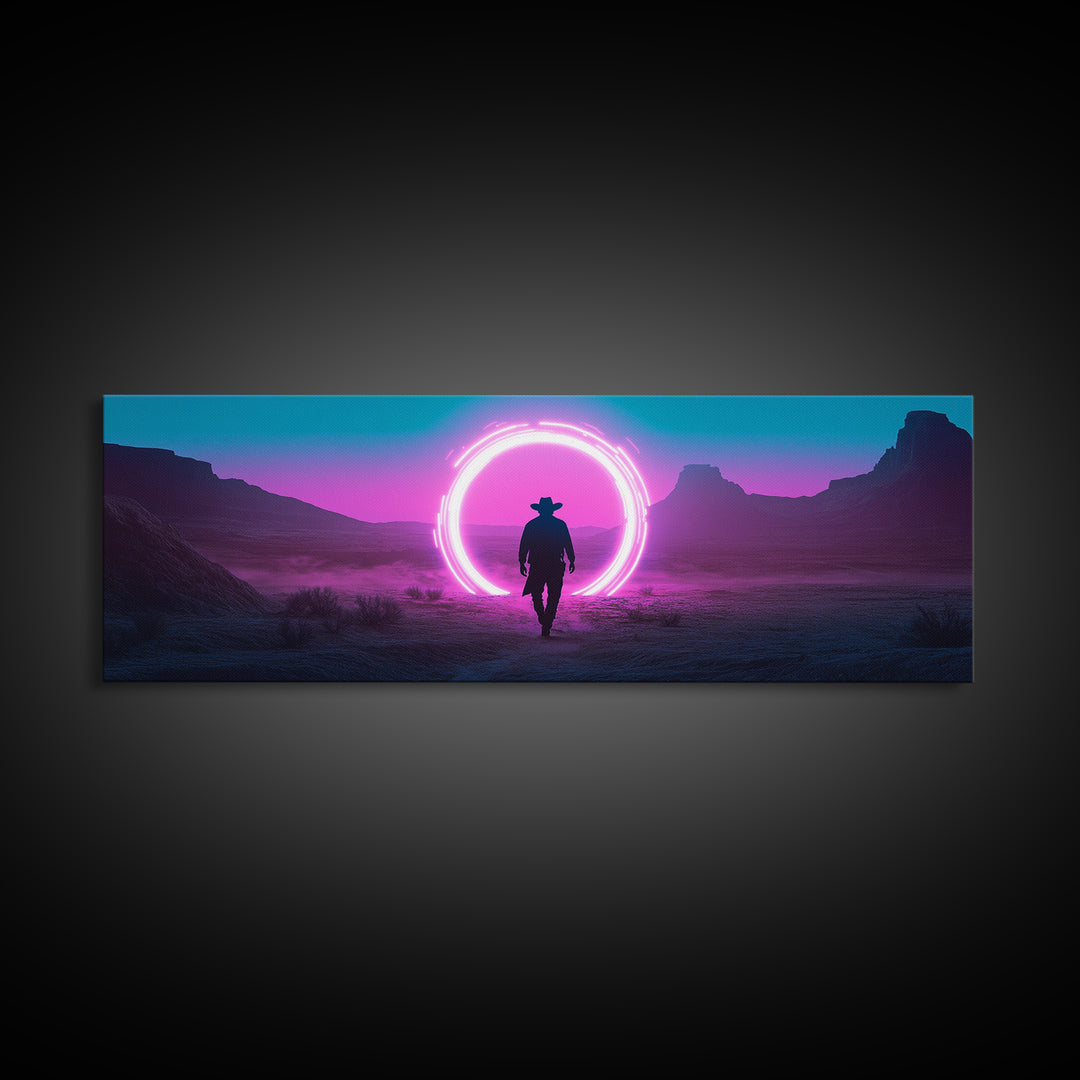 Neon Portal Cowboy In Purple Desert Framed Canvas Print, Synthwave Western Wall Art For Gaming Room Decor And Man Cave Decor