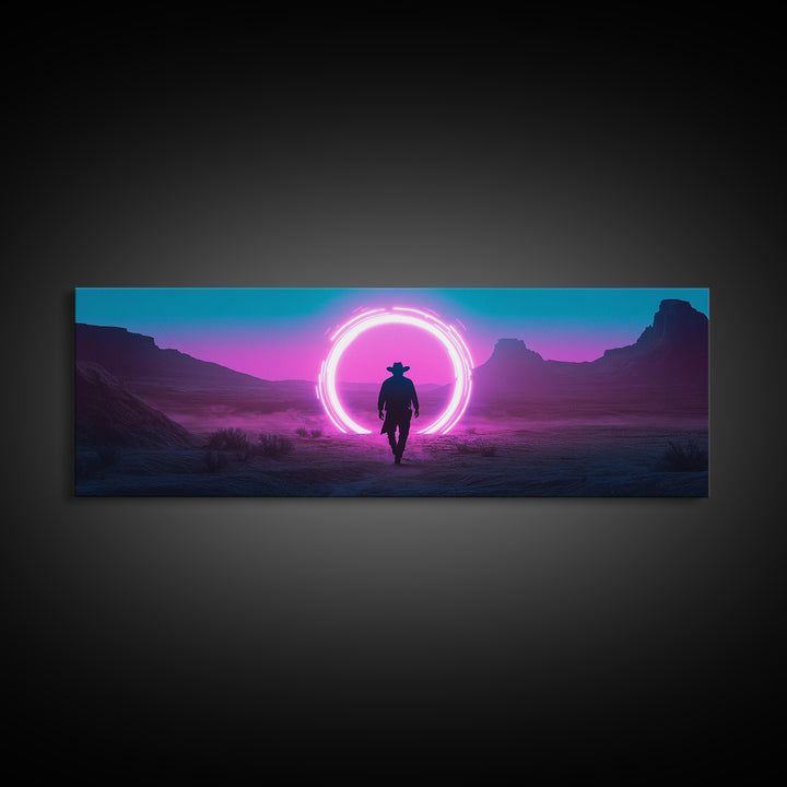 Neon Portal Cowboy In Purple Desert Framed Canvas Print, Synthwave Western Wall Art For Gaming Room Decor And Man Cave Decor