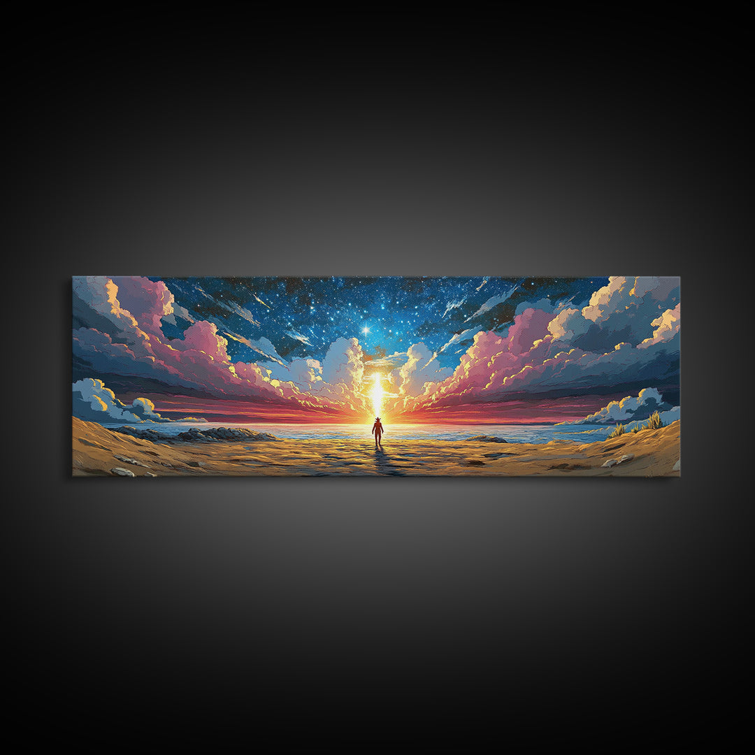 Cosmic Beach Explorer Beneath Starry Sky Canvas Print, Panoramic Sci Fi Seascape Wall Art For Space Lover Decor And Bedroom Decor