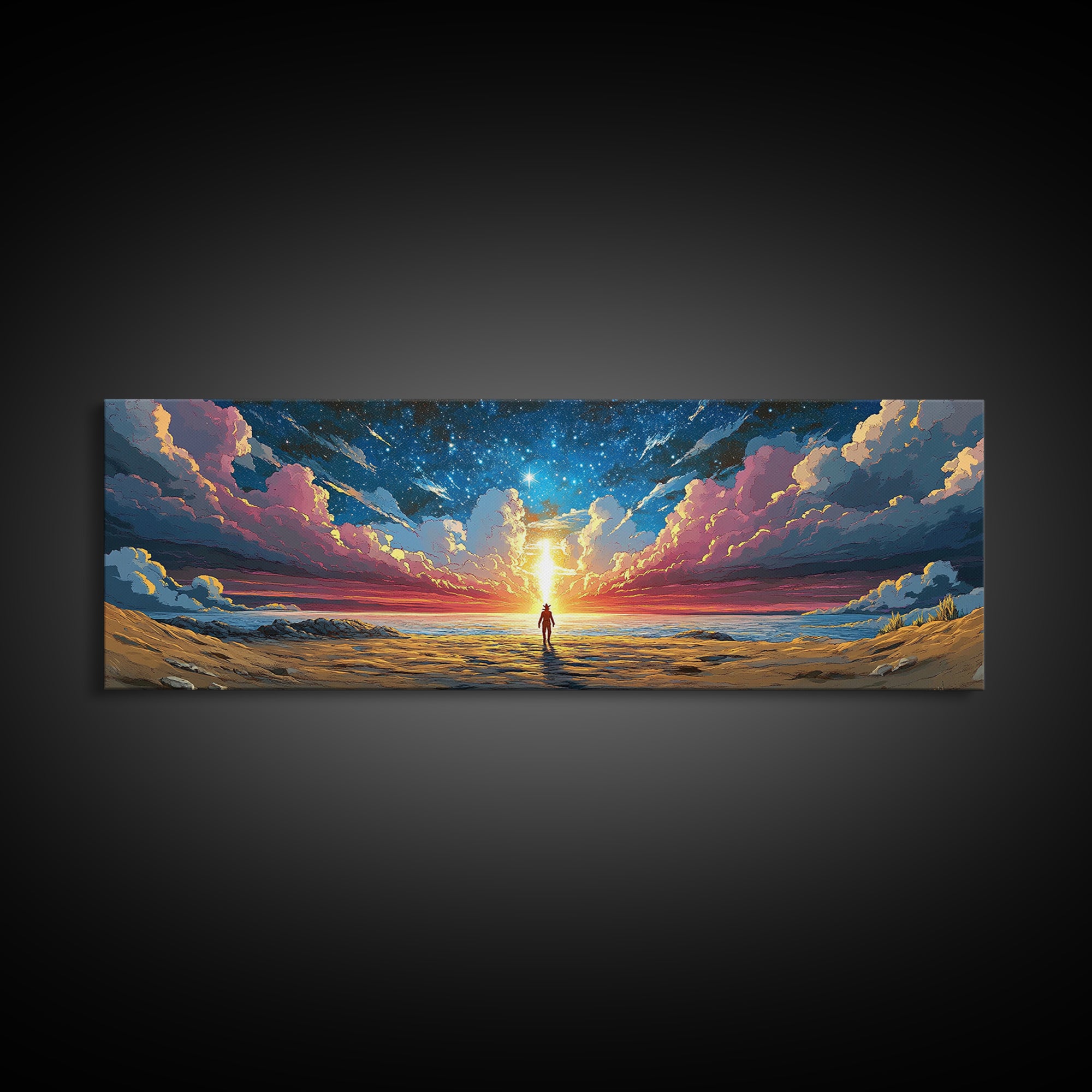 Cosmic Beach Explorer Beneath Starry Sky Canvas Print, Panoramic Sci Fi Seascape Wall Art For Space Lover Decor And Bedroom Decor