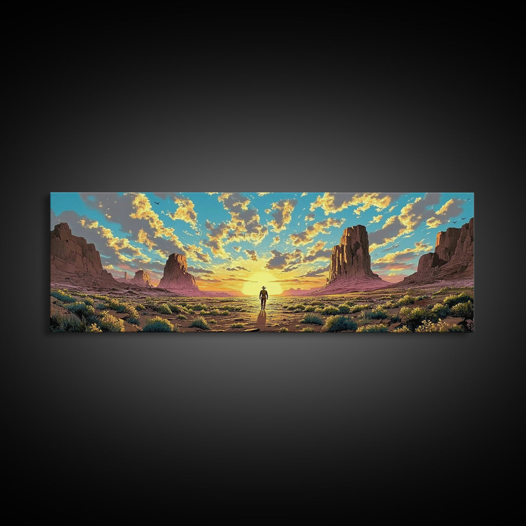Monument Valley Cowboy At Sunrise Canvas Print, Panoramic Southwestern Desert Landscape Wall Art For Rustic Home Decor And Office Decor