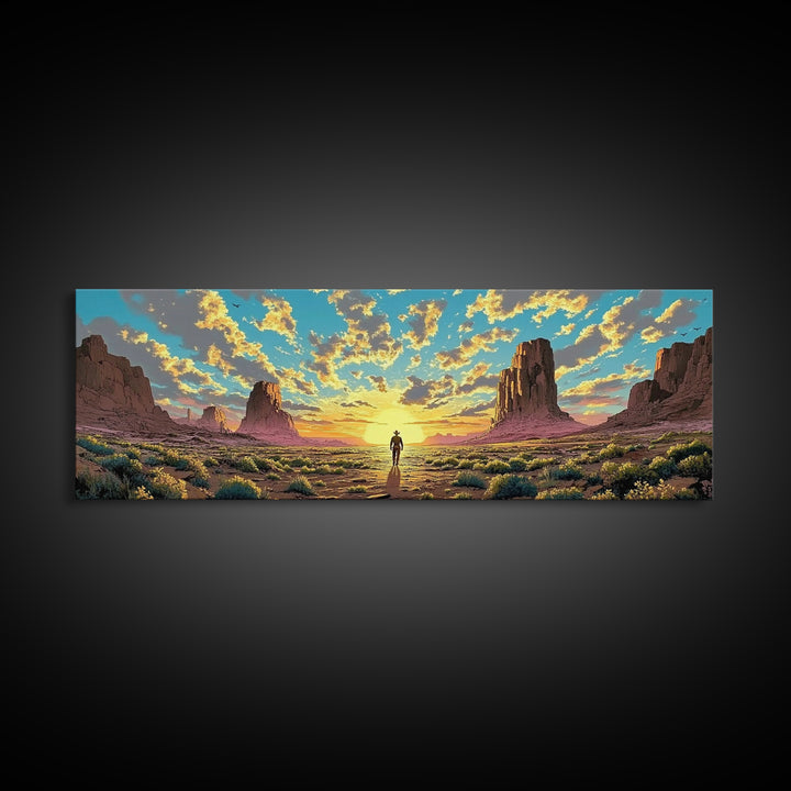 Monument Valley Cowboy At Sunrise Canvas Print, Panoramic Southwestern Desert Landscape Wall Art For Rustic Home Decor And Office Decor