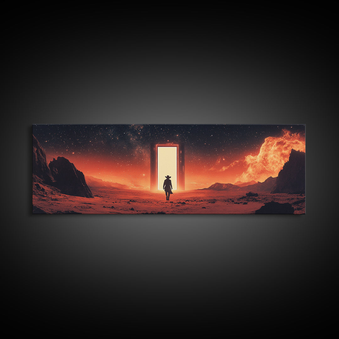 Glowing Portal In Red Desert, Lone Traveler Under Starry Sky, Sci Fi Western Canvas Print, Space Wall Art, Futuristic Decor