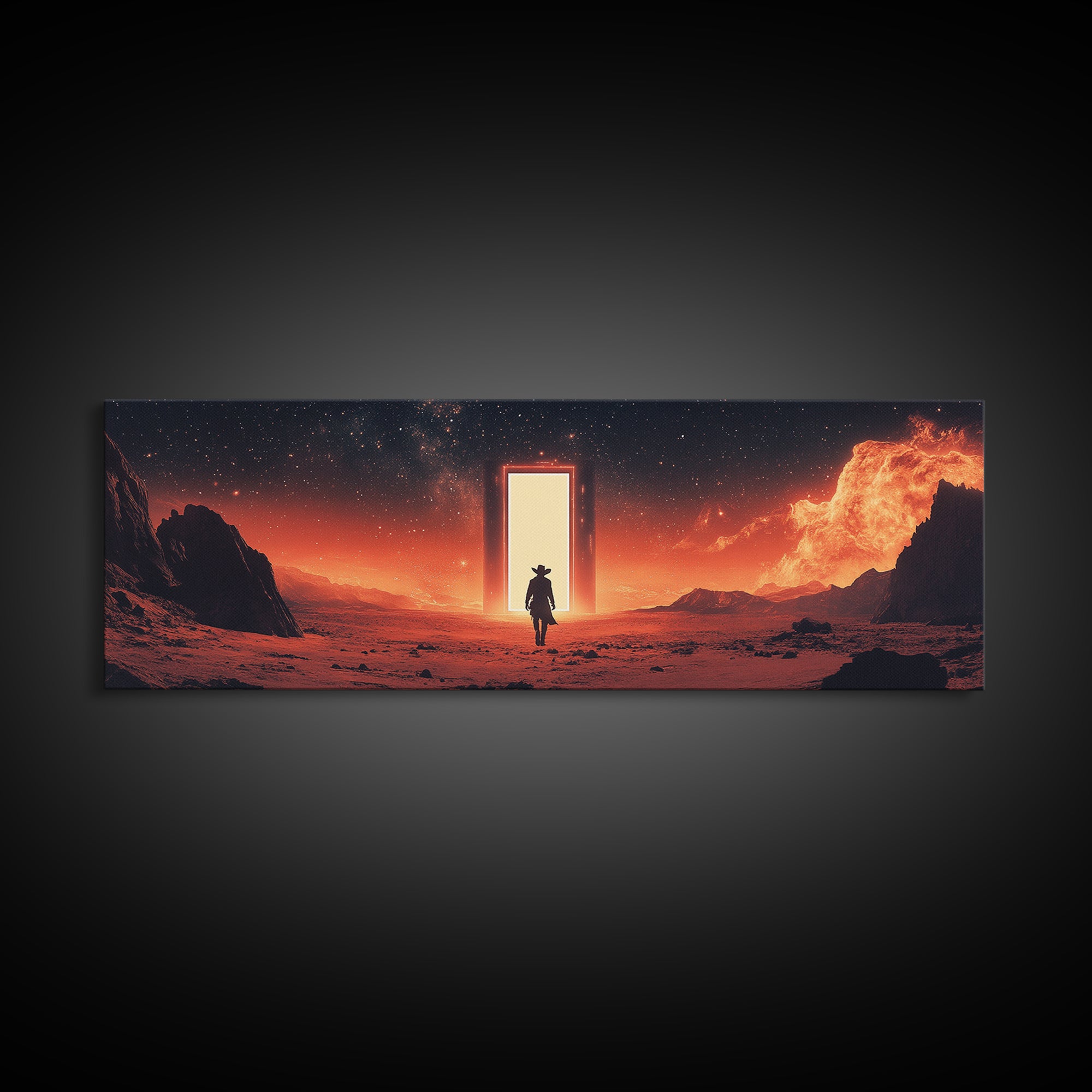 Glowing Portal In Red Desert, Lone Traveler Under Starry Sky, Sci Fi Western Canvas Print, Space Wall Art, Futuristic Decor