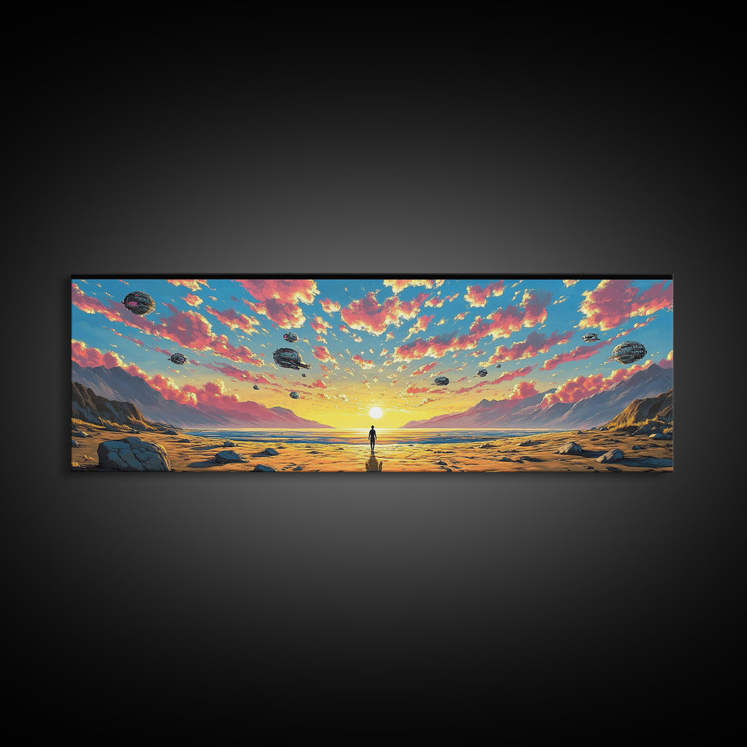 Pastel Alien Ships Over Sunset Shore, Lone Figure At Ocean Horizon, Sci Fi Wall Art, Coastal Canvas Print, Futuristic Decor