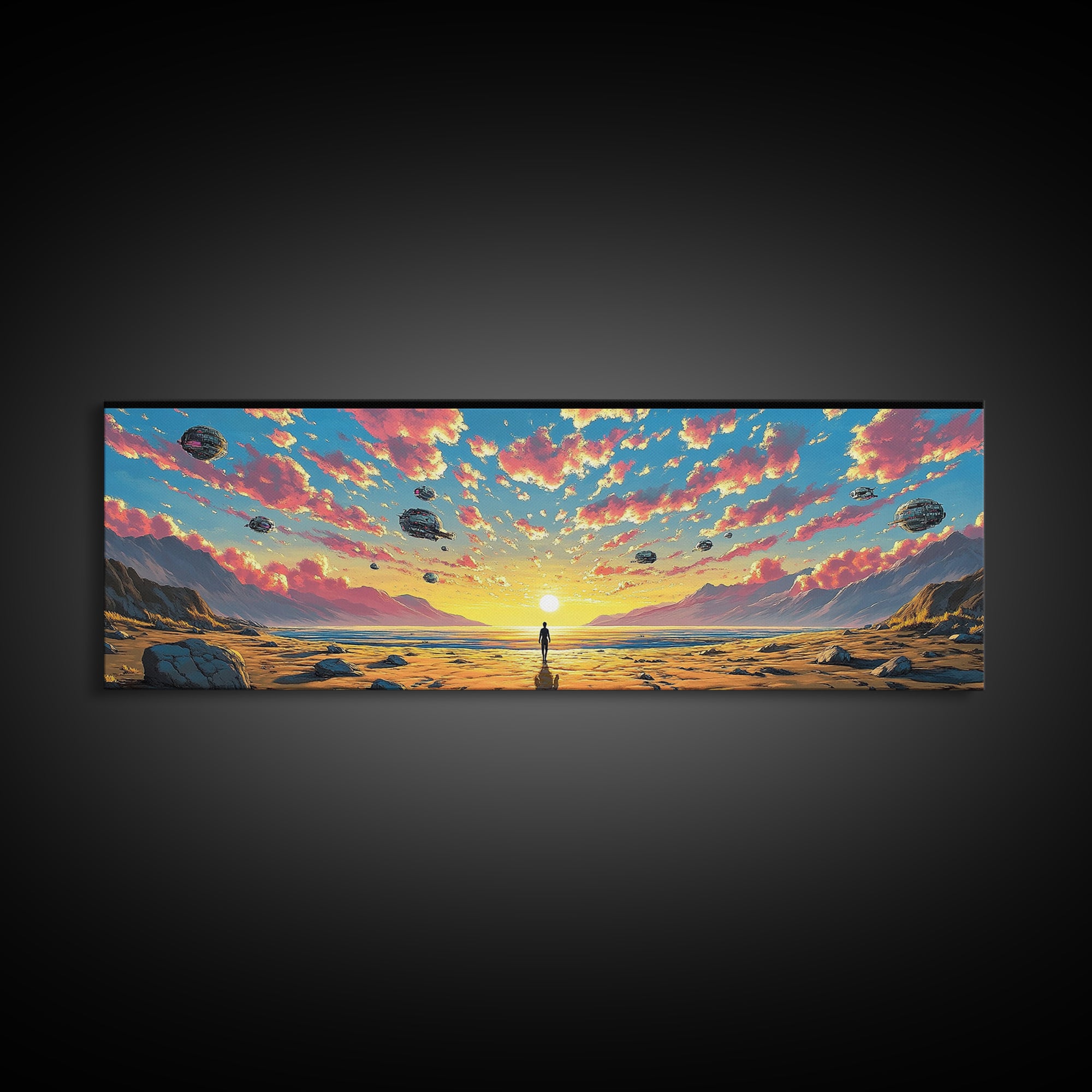 Pastel Alien Ships Over Sunset Shore, Lone Figure At Ocean Horizon, Sci Fi Wall Art, Coastal Canvas Print, Futuristic Decor