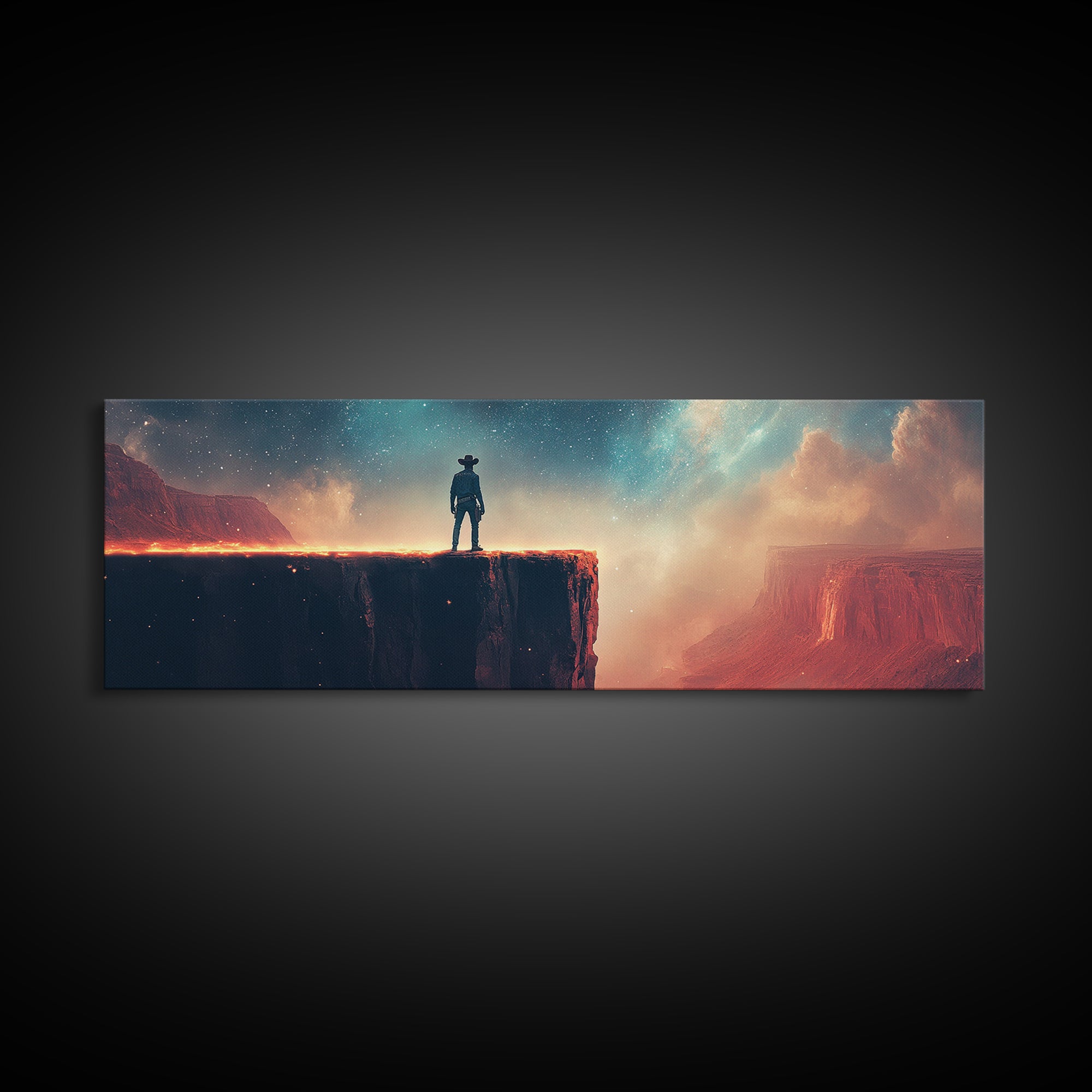 Cowboy On Glowing Canyon Cliff, Starry Teal Sky And Red Desert, Western Wall Art, Panoramic Canvas Print, Man Cave Decor