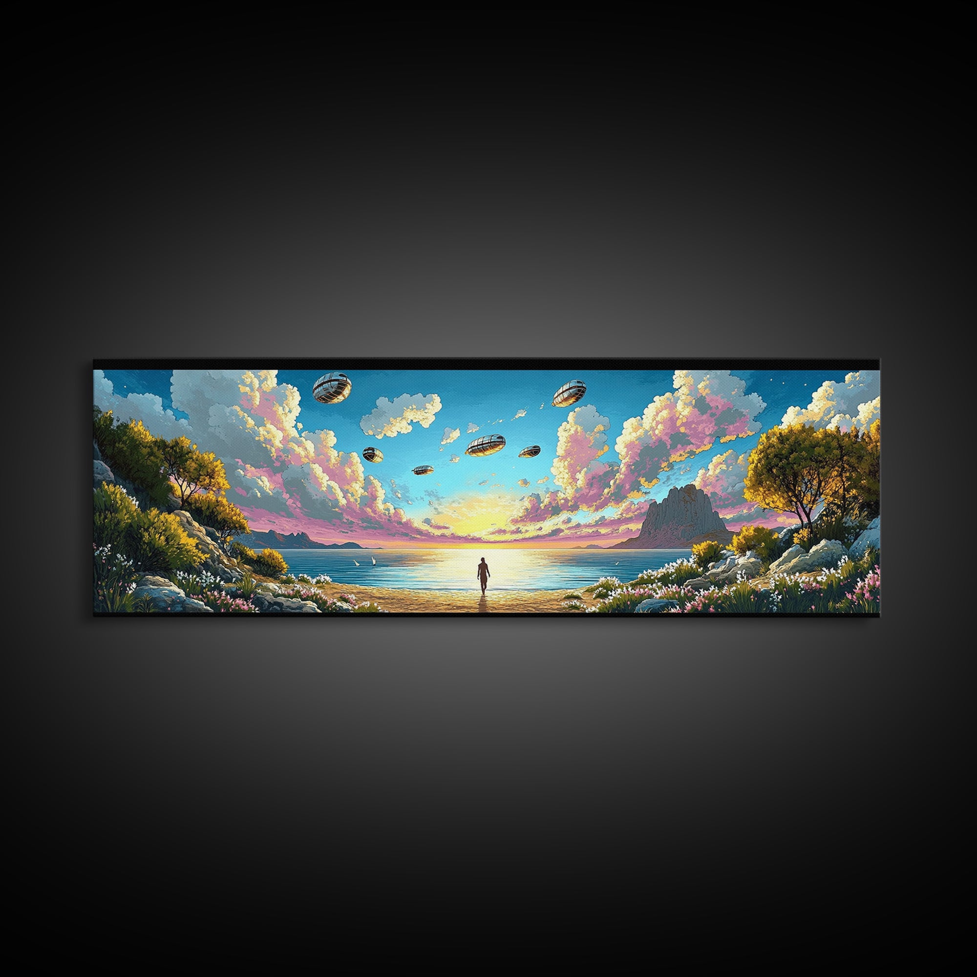 Alien Airships Above Flowered Coast, Lone Figure By Blue Sea, Whimsical Sci Fi Wall Art, Coastal Framed Canvas Print, Home Decor