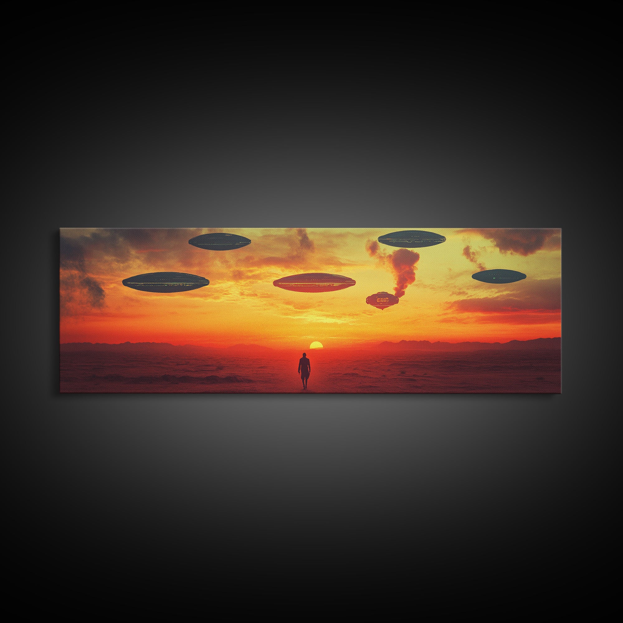 UFO Fleet Over Red Desert Sunset, Lone Traveler In Dystopian Landscape, Sci Fi Wall Art, Futuristic Canvas Print, Space Decor