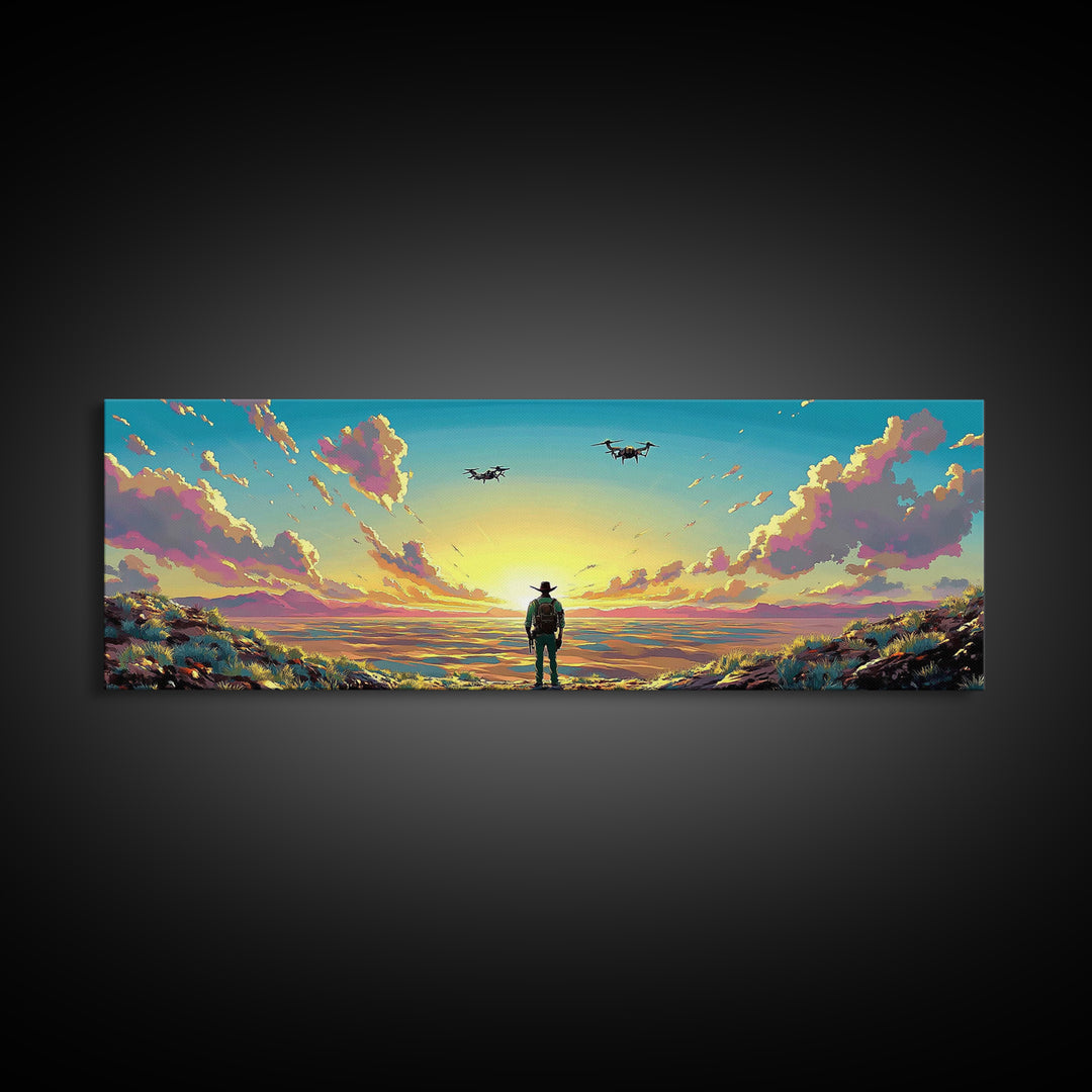 Cowboy Facing Drone Ships At Golden Sunrise, Pink Cloud Meadow Landscape Wall Art, Western Canvas Print, Futuristic Decor
