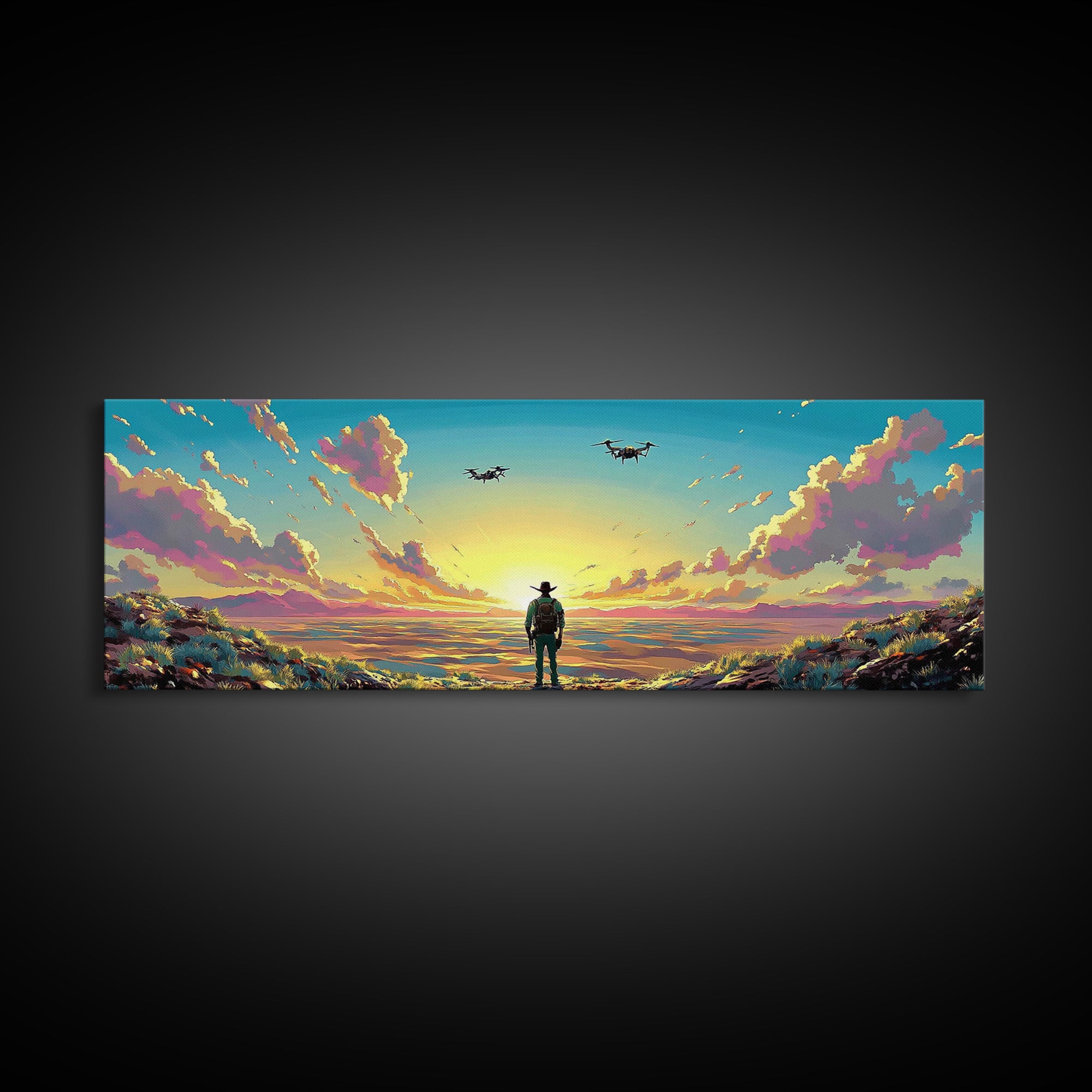 Cowboy Facing Drone Ships At Golden Sunrise, Pink Cloud Meadow Landscape Wall Art, Western Canvas Print, Futuristic Decor