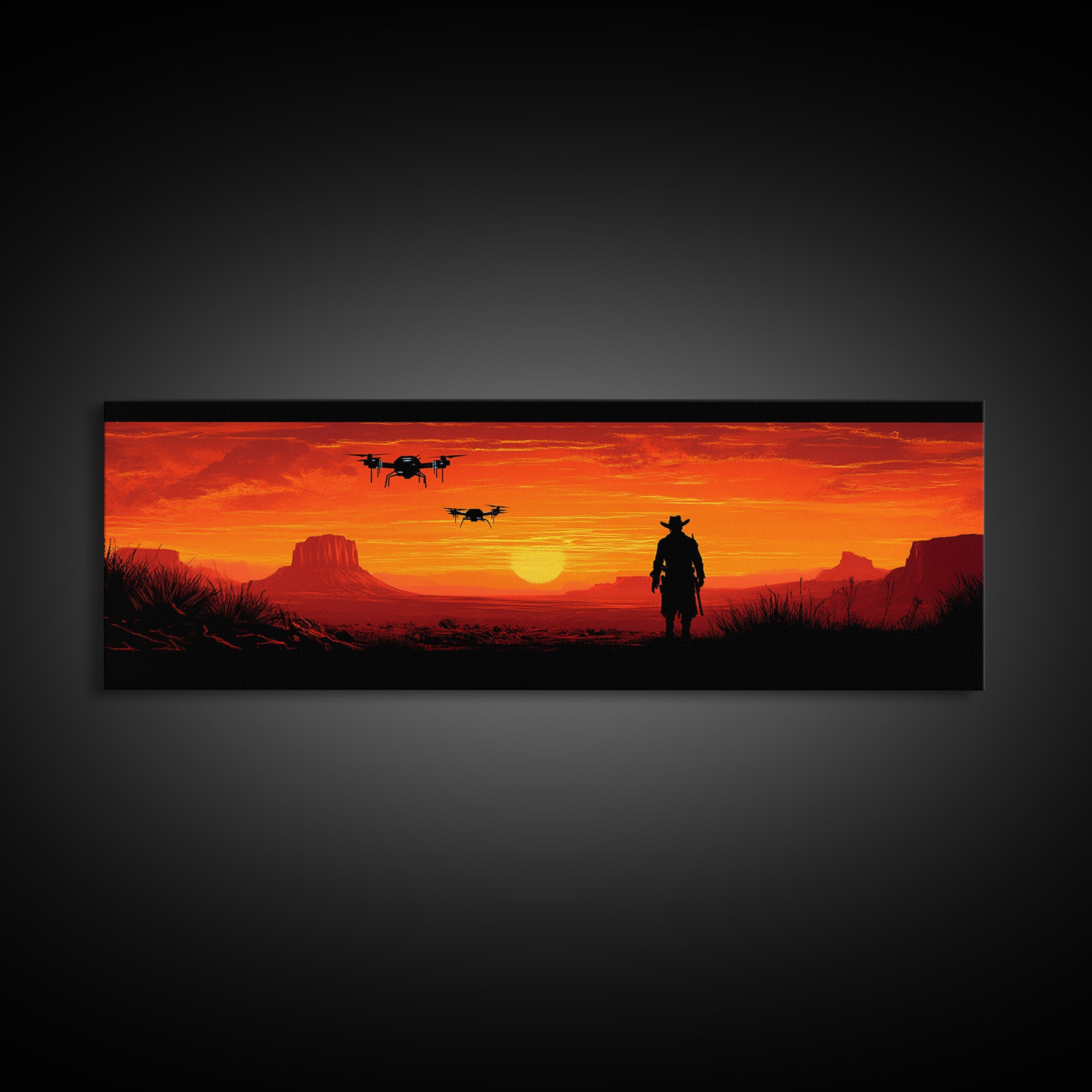 Silhouetted Cowboy With Drones At Orange Desert Sunset, Western Wall Art, Sci Fi Canvas Print, Man Cave Decor, Southwest Art