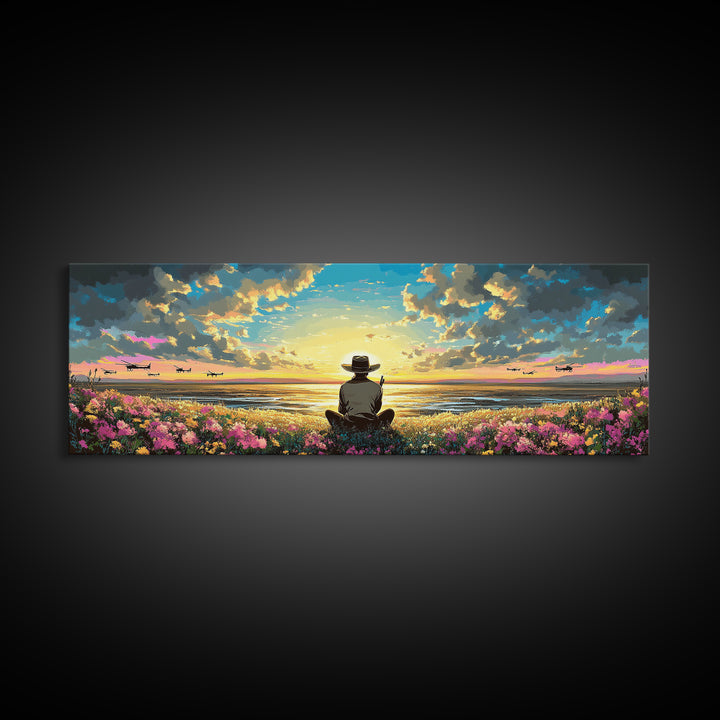 Seated Traveler In Flowered Meadow, Golden Sky Over Wide Valley, Peaceful Wall Art, Landscape Canvas Print, Cozy Home Decor