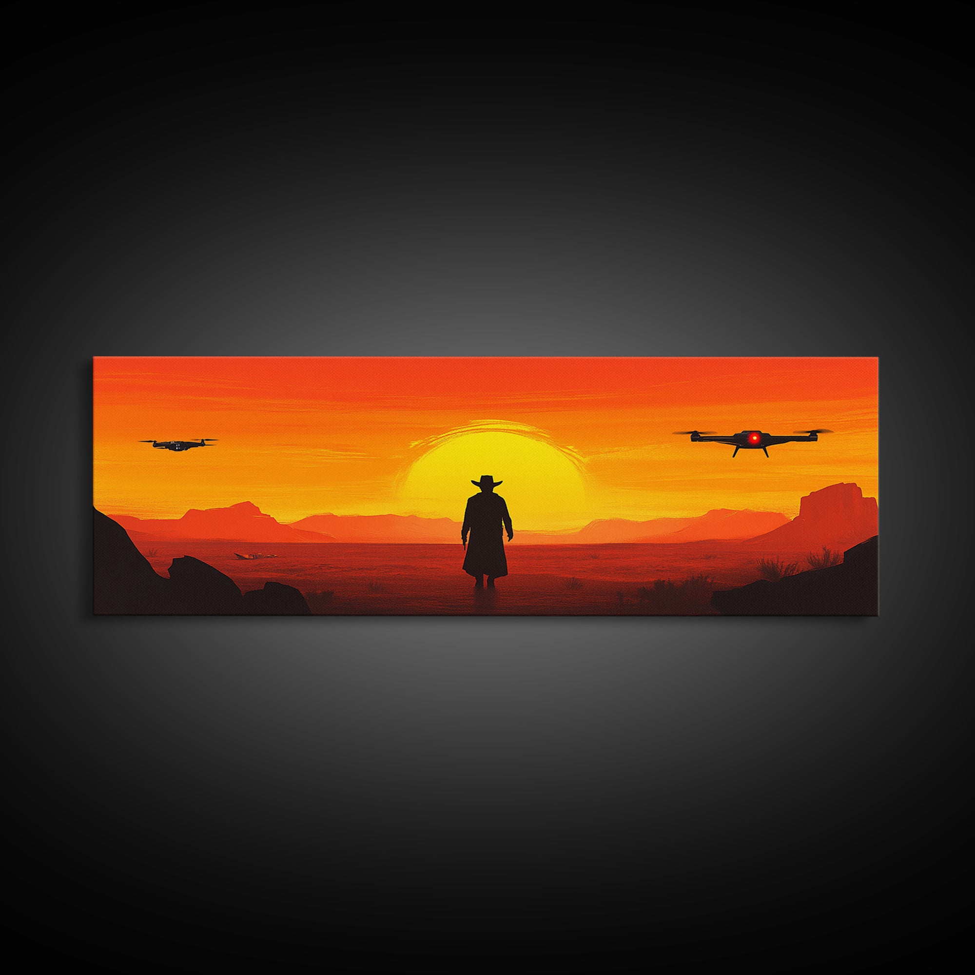 Lone Cowboy And Hovering Drones At Blazing Sun, Red Desert Western Wall Art, Sci Fi Canvas Print, Futuristic Home Decor, Desert Art