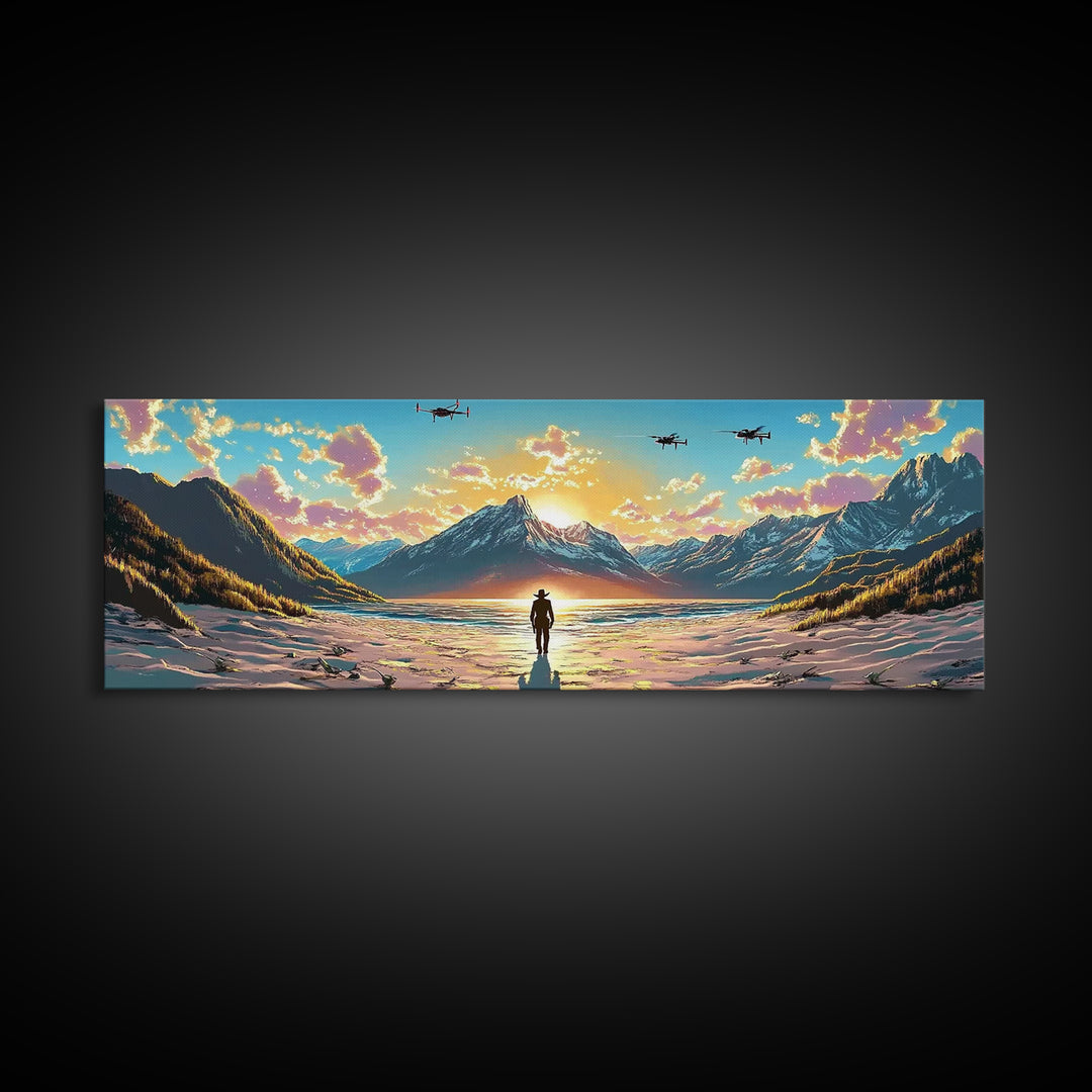 Snowy Alpine Sunset Explorer Wall Art, Panoramic Canvas Print, Mountain Landscape, Sci Fi Decor, Large Living Room Decor