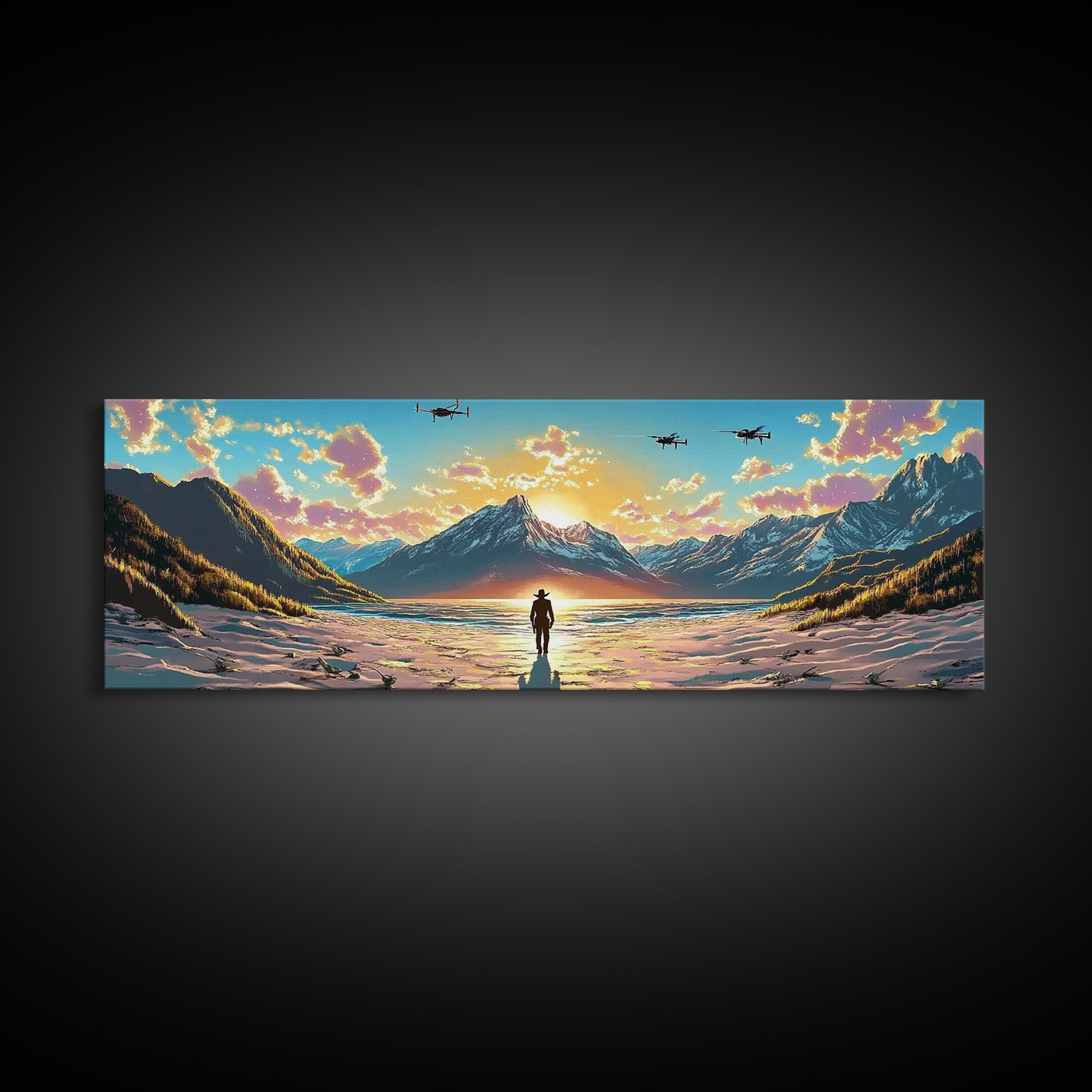 Snowy Alpine Sunset Explorer Wall Art, Panoramic Canvas Print, Mountain Landscape, Sci Fi Decor, Large Living Room Decor