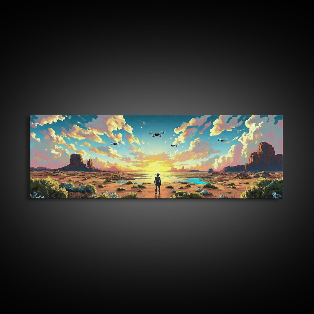 Desert Mesa Cowboy Wall Art, Panoramic Canvas Print, Western Landscape, Southwestern Decor, Large Living Room Wall Decor