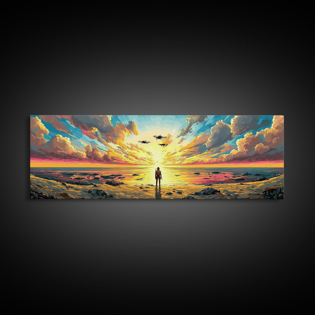 Radiant Ocean Sunset Explorer Wall Art, Panoramic Canvas Print, Coastal Seascape Art, Beach House Decor, Large Wall Decor