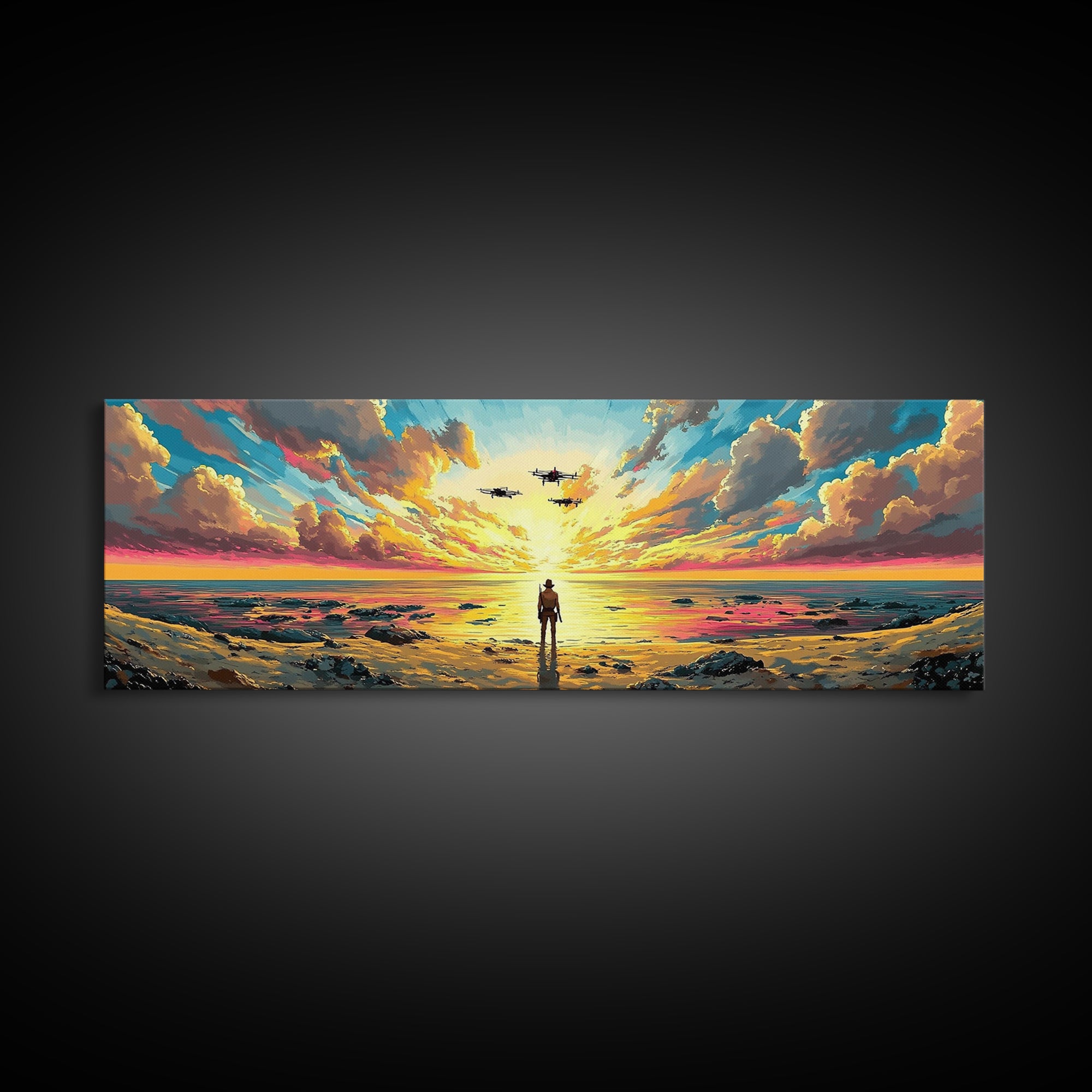 Radiant Ocean Sunset Explorer Wall Art, Panoramic Canvas Print, Coastal Seascape Art, Beach House Decor, Large Wall Decor
