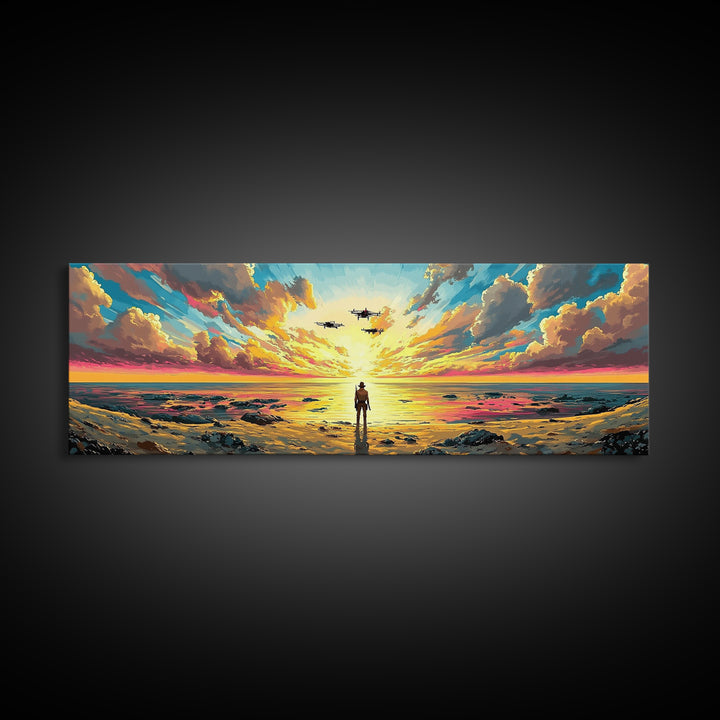 Radiant Ocean Sunset Explorer Wall Art, Panoramic Canvas Print, Coastal Seascape Art, Beach House Decor, Large Wall Decor