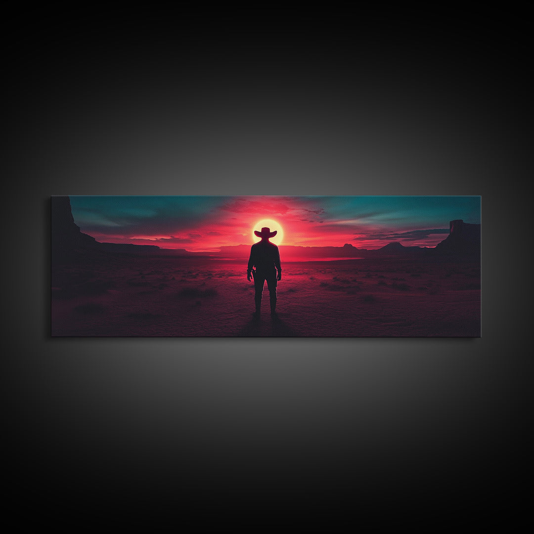 Crimson Desert Cowboy Silhouette Wall Art, Framed Canvas Print, Western Decor, Moody Landscape, Large Man Cave Wall Decor