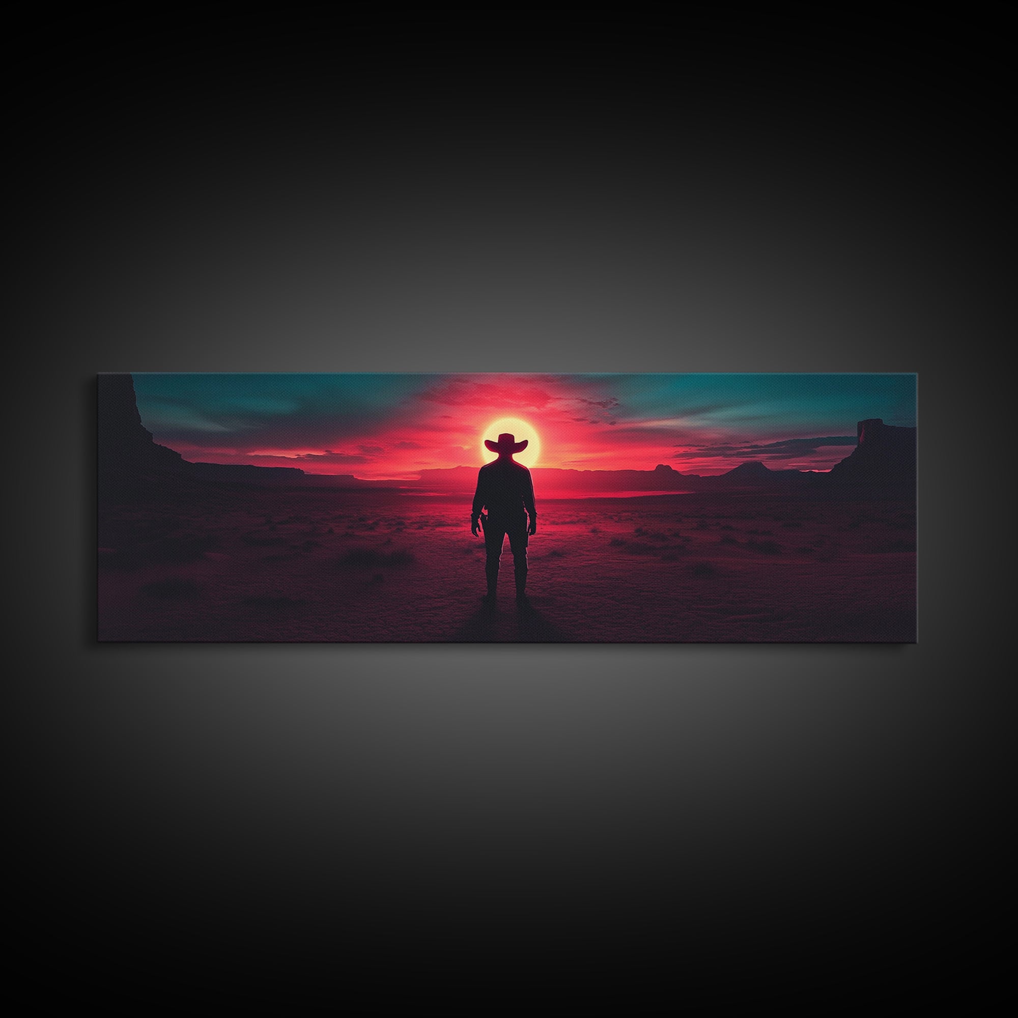 Crimson Desert Cowboy Silhouette Wall Art, Framed Canvas Print, Western Decor, Moody Landscape, Large Man Cave Wall Decor