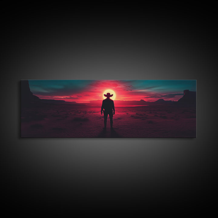 Crimson Desert Cowboy Silhouette Wall Art, Framed Canvas Print, Western Decor, Moody Landscape, Large Man Cave Wall Decor