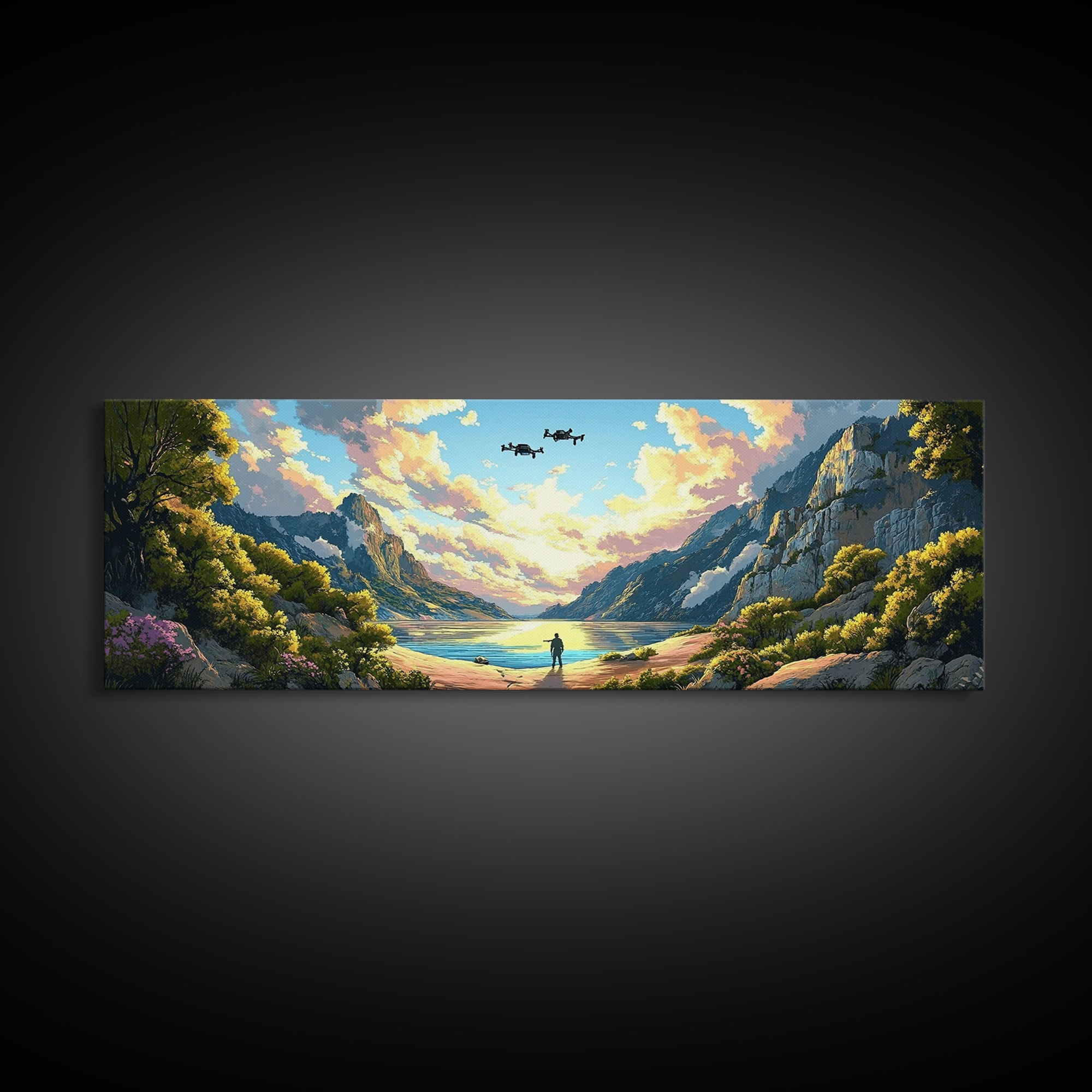 Verdant Mountain Lake Explorer Wall Art, Panoramic Canvas Print, Nature Landscape Art, Japandi Decor, Large Home Wall Decor