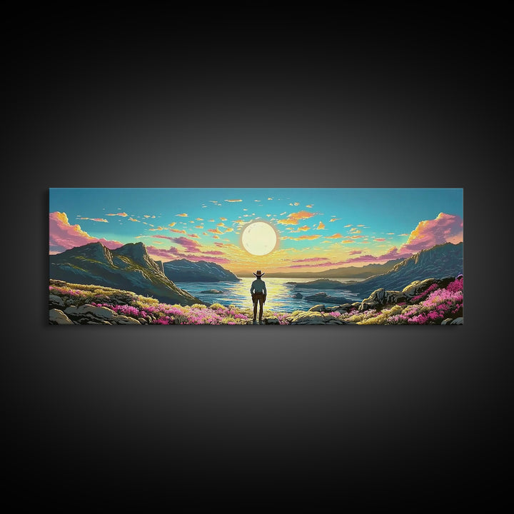 Full Moon Coastal Cowboy Wall Art, Panoramic Canvas Print, Ocean Landscape Art, Western Decor, Large Bedroom Wall Decor