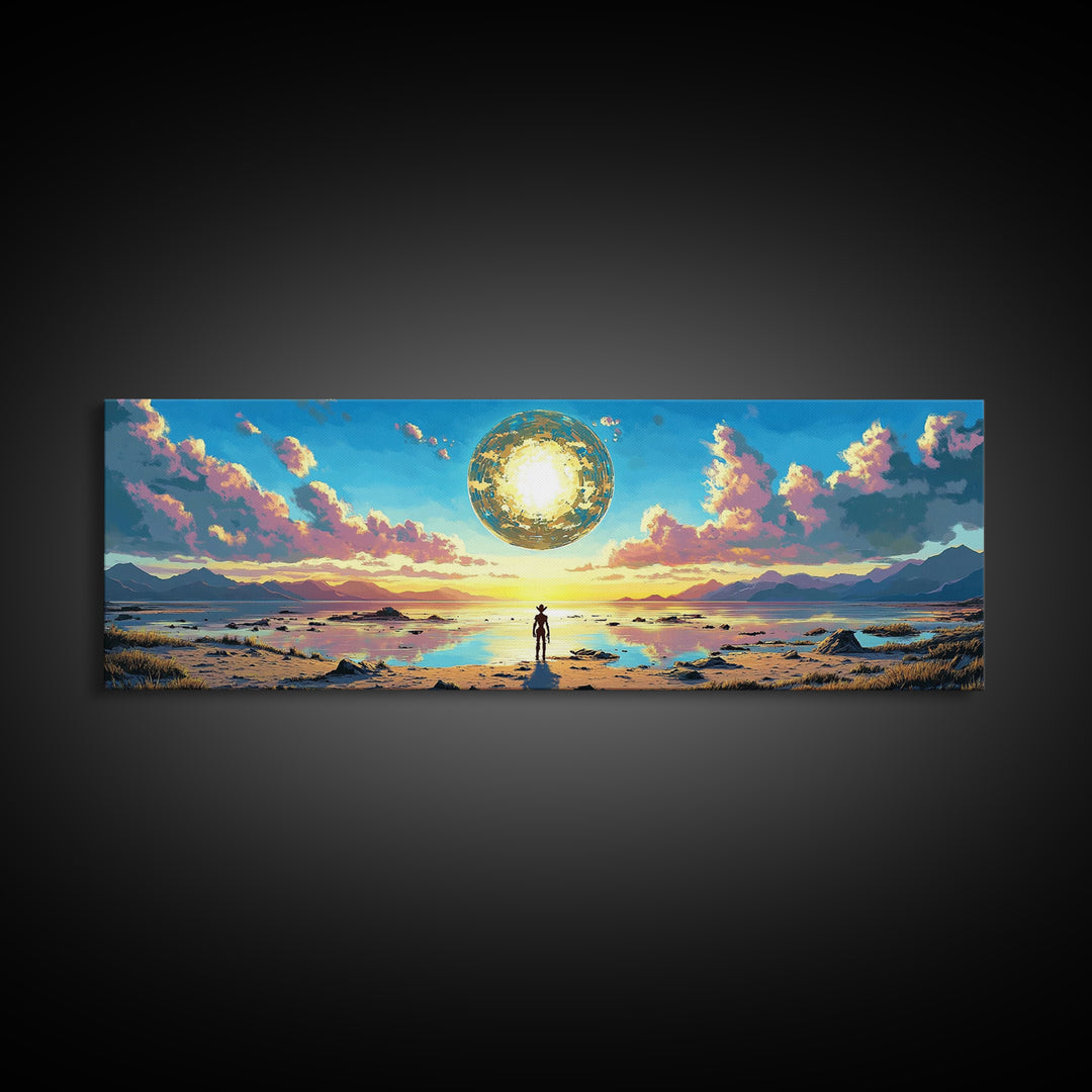 Golden Celestial Orb Wall Art, Panoramic Canvas Print, Modern Sci Fi Landscape, Surreal Art, Large Living Room Wall Decor