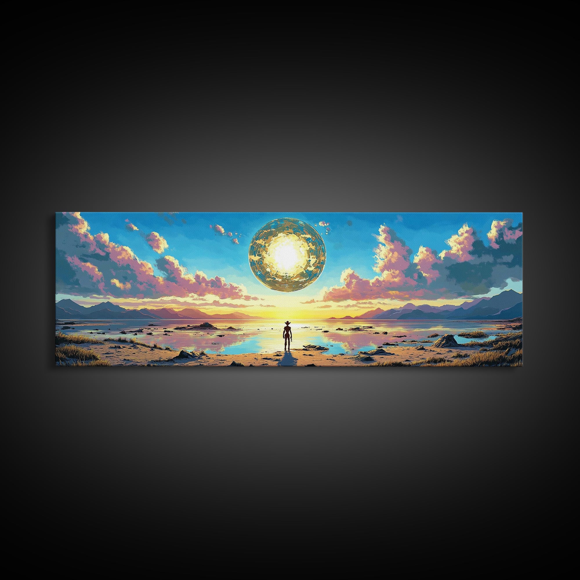 Golden Celestial Orb Wall Art, Panoramic Canvas Print, Modern Sci Fi Landscape, Surreal Art, Large Living Room Wall Decor