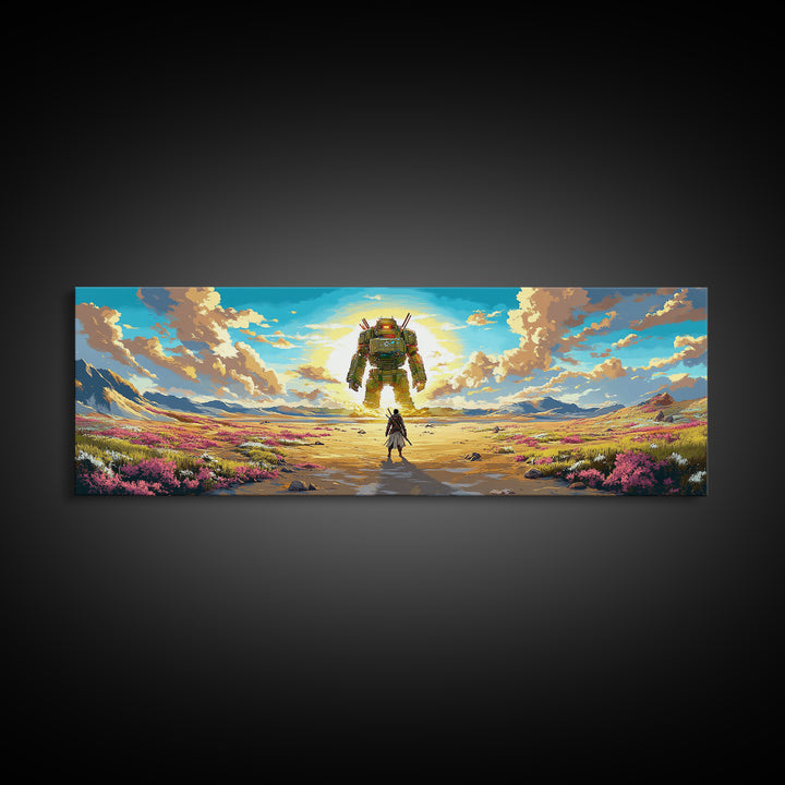 Colossal Mech And Wanderer Wall Art, Panoramic Canvas Print, Futuristic Landscape, Sci Fi Decor, Large Gaming Room Decor