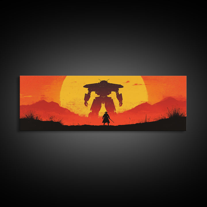 Samurai Facing Giant Mech At Orange Sunset Wall Art, Retro Sci Fi Fantasy Poster, Gaming Room Decor, Futuristic Canvas Print