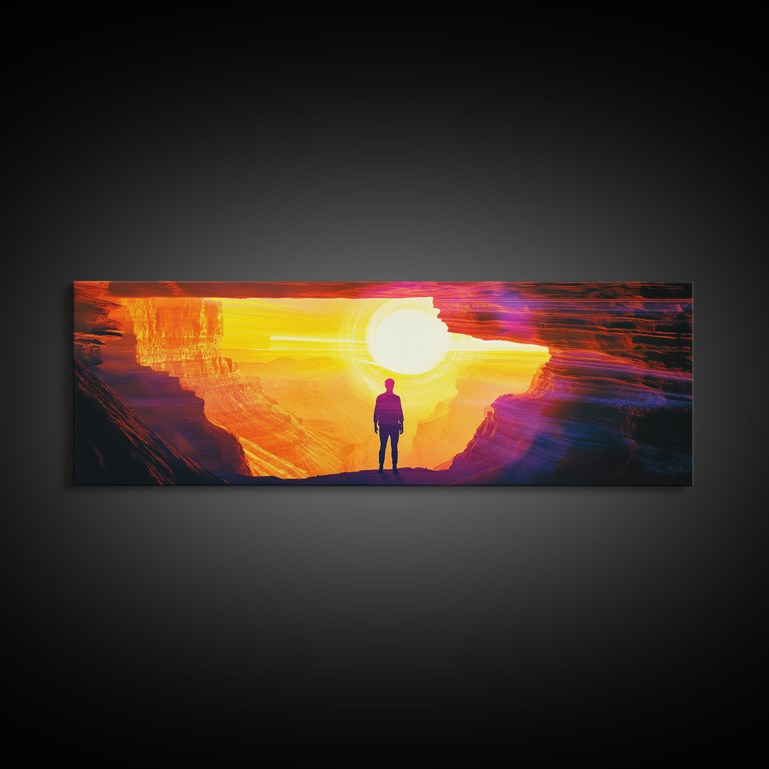 Lone Figure In Glowing Canyon Portal Canvas Print, Abstract Desert Landscape Wall Art, Modern Sci Fi Home Decor, Oversized Living Room Decor