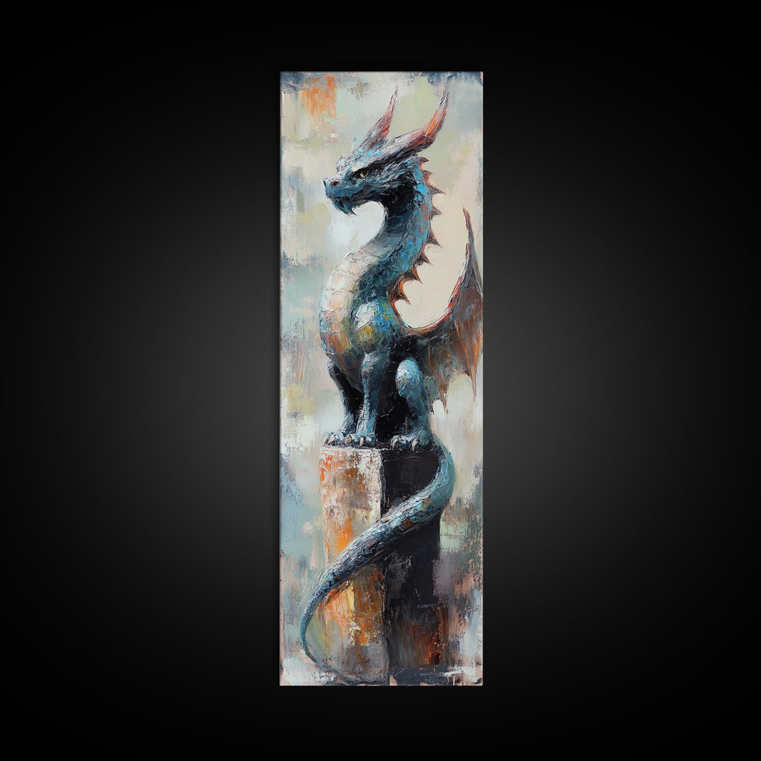 Blue Dragon Statue Canvas Print, Fantasy Wall Art, Gothic Fairy Tale Decor, Mythical Creature Art, Unique Gift For Gamer