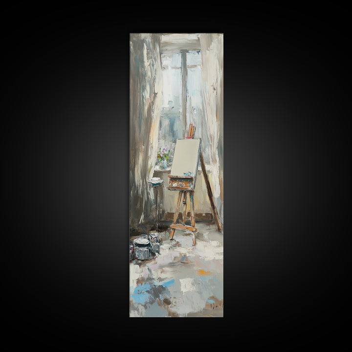 Sunlit Artist Studio Easel Wall Art, Impressionist Oil Painting, Creative Office Decor, Neutral Home Decor, Gift For Artist