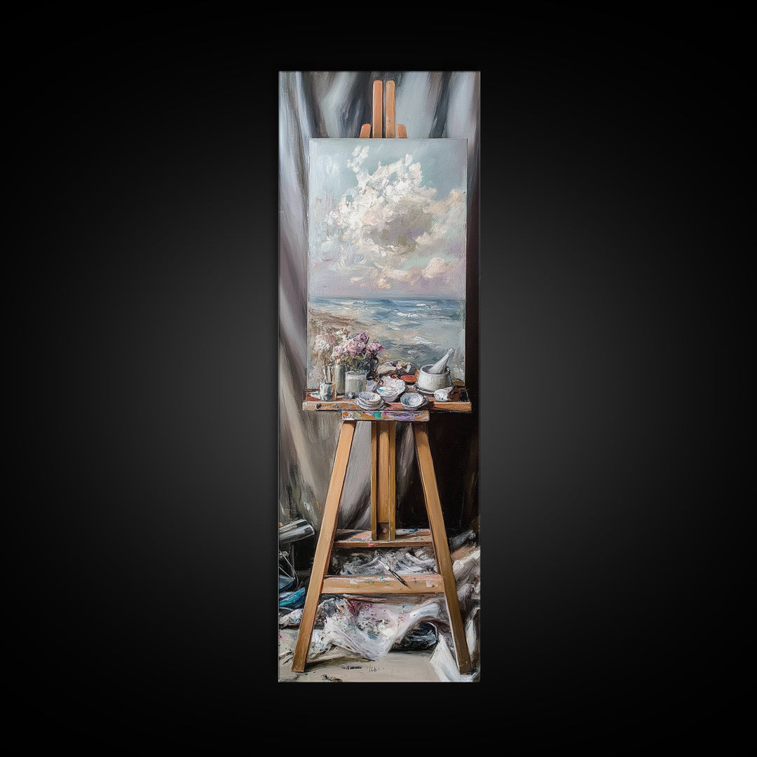 Seascape Painting On Studio Easel Framed Canvas Print, Coastal Wall Art, Artist Gift, Ocean Decor, Art Studio Home Decor