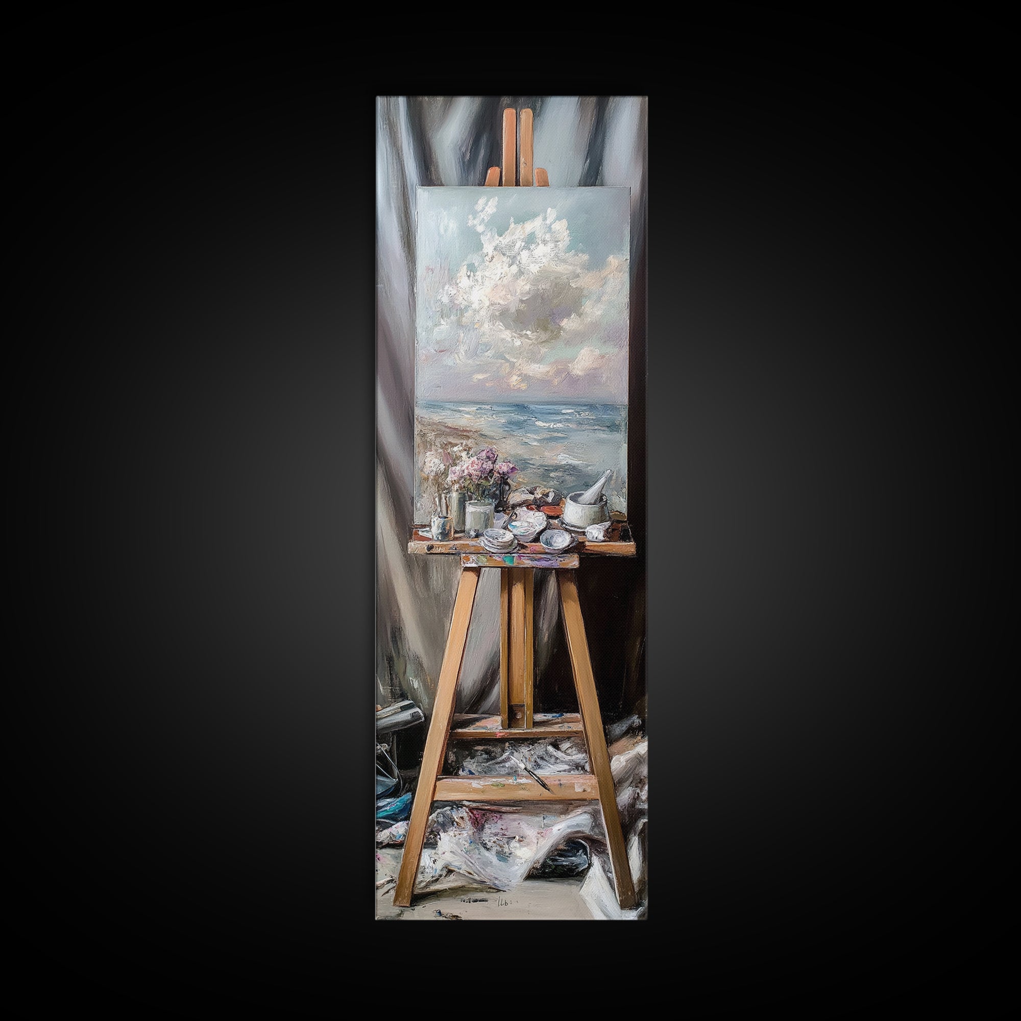 Seascape Painting On Studio Easel Framed Canvas Print, Coastal Wall Art, Artist Gift, Ocean Decor, Art Studio Home Decor