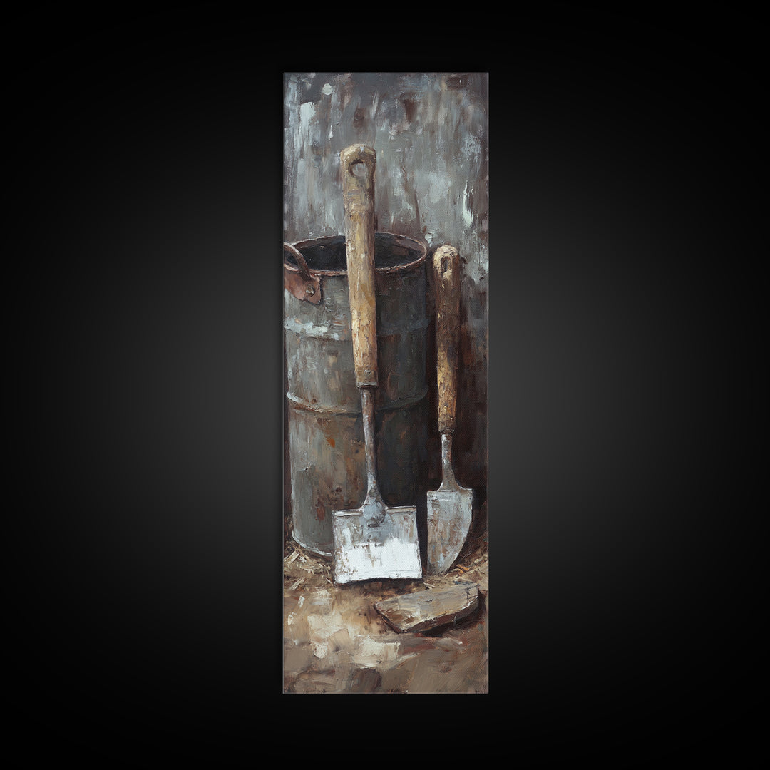 Rustic Shovels In Metal Bucket Canvas Print, Farmhouse Wall Decor, Garden Tool Still Life, Industrial Office Decor Gift For Him