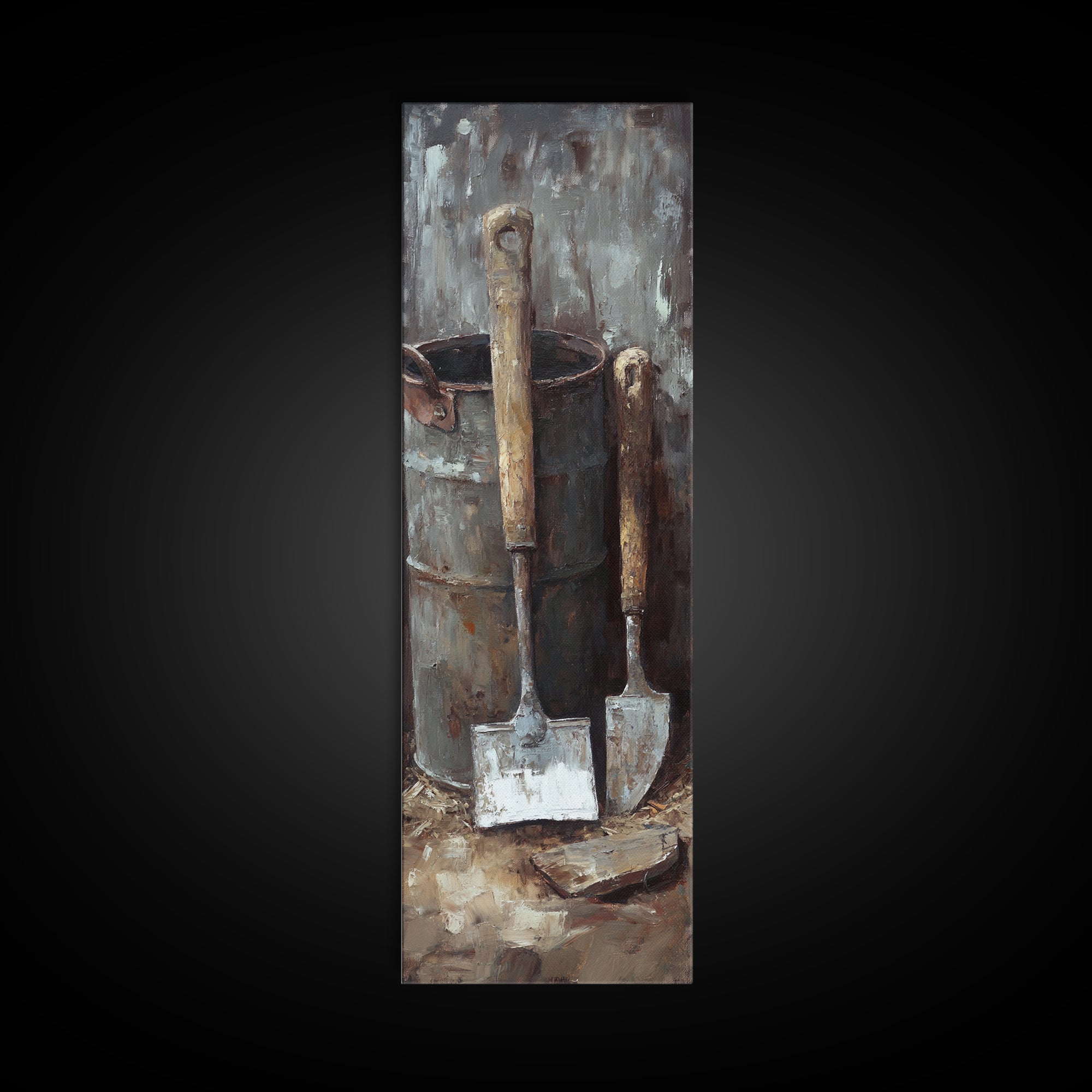 Rustic Shovels In Metal Bucket Canvas Print, Farmhouse Wall Decor, Garden Tool Still Life, Industrial Office Decor Gift For Him