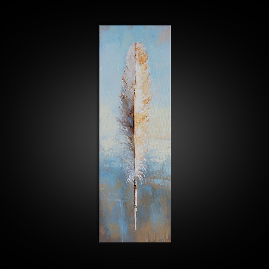 Single White Feather On Blue Horizon Wall Art, Minimalist Coastal Decor, Boho Nature Art Print, Calming Bedroom Decor Gift