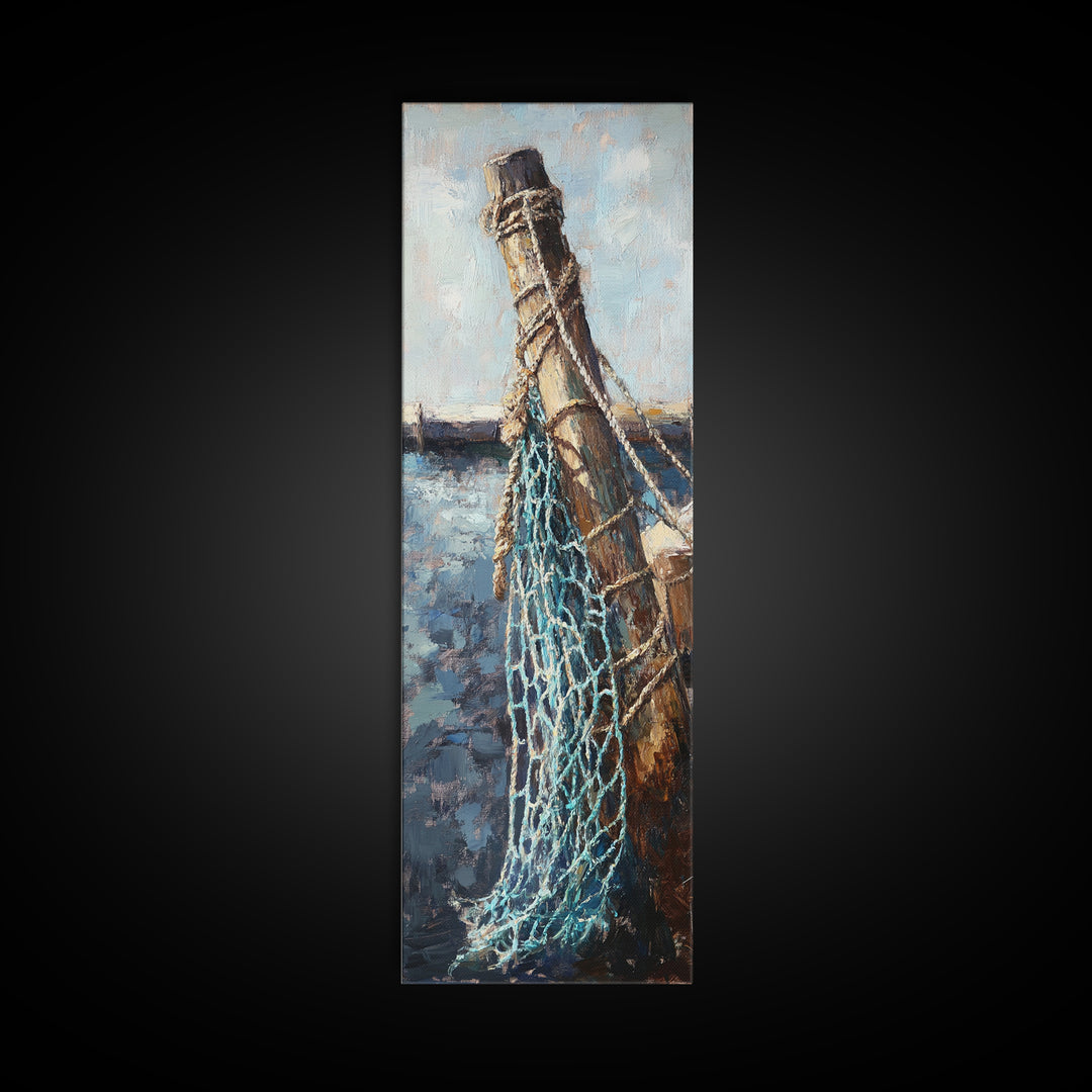 Weathered Dock Piling And Fishing Net Wall Art, Nautical Coastal Decor, Ocean Painting, Beach House Decor, Gift For Him, Lake House Art